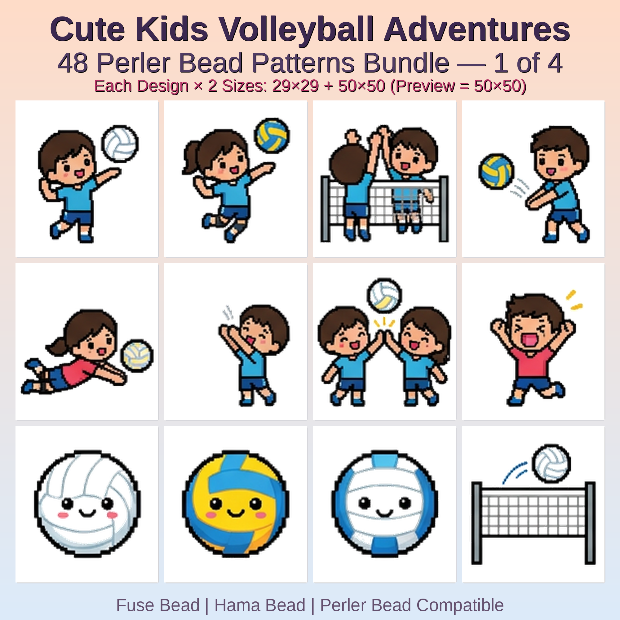Cute Kids Volleyball Adventures Perler Bead Patterns Bundle, 48 Designs (PDF Digital Download)