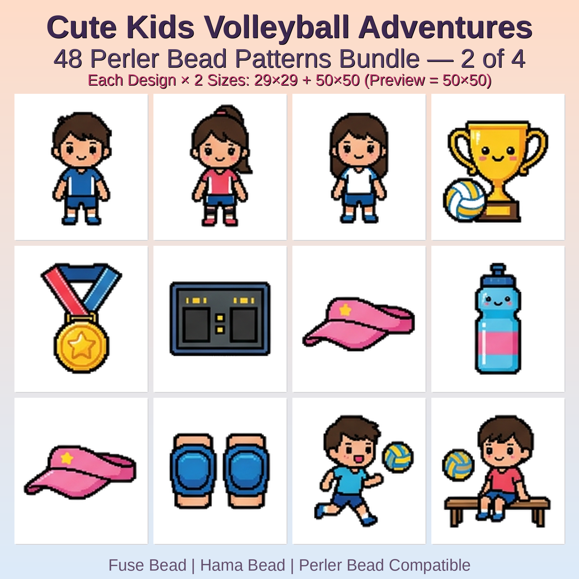 Cute Kids Volleyball Adventures Perler Bead Patterns Bundle, 48 Designs (PDF Digital Download)