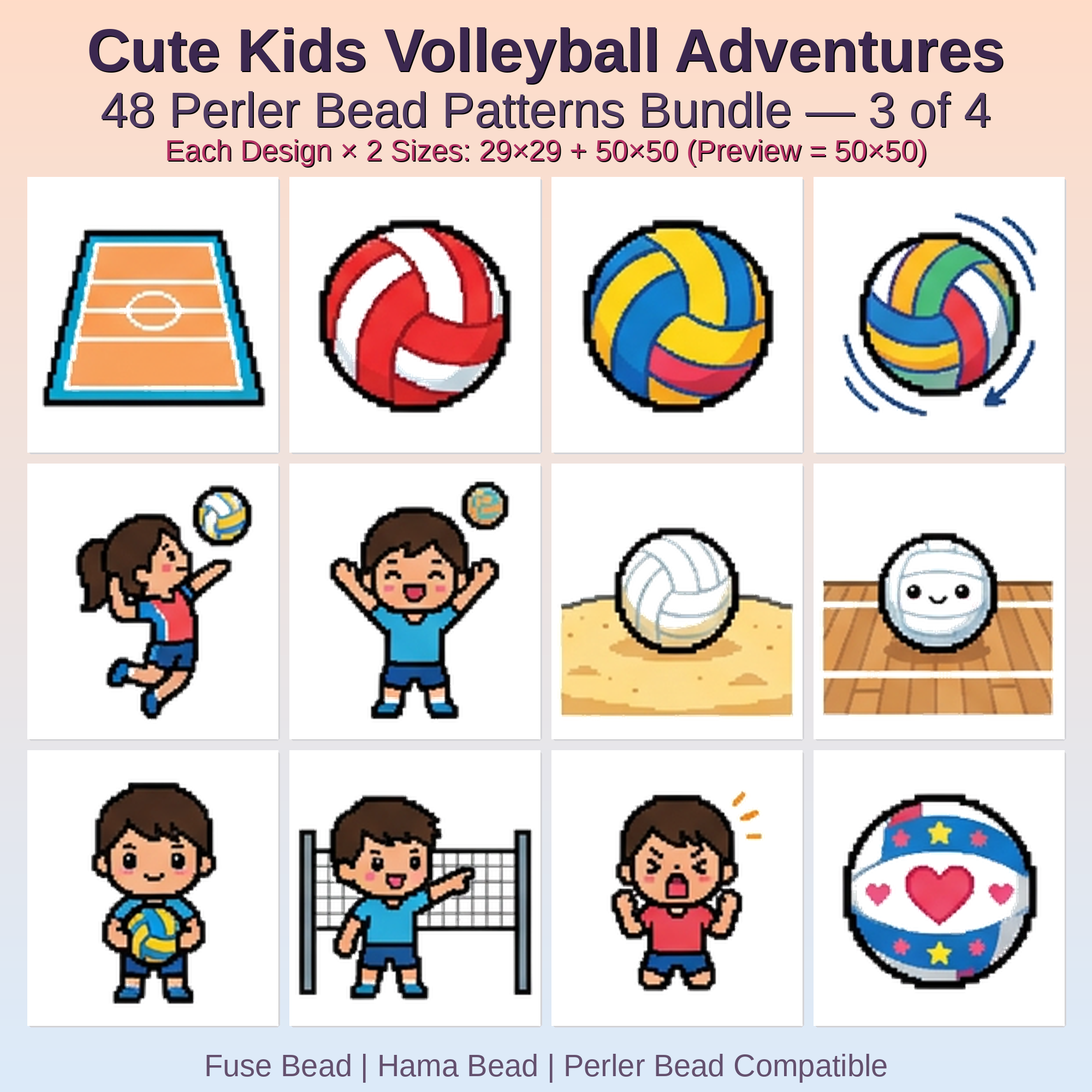 Cute Kids Volleyball Adventures Perler Bead Patterns Bundle, 48 Designs (PDF Digital Download)