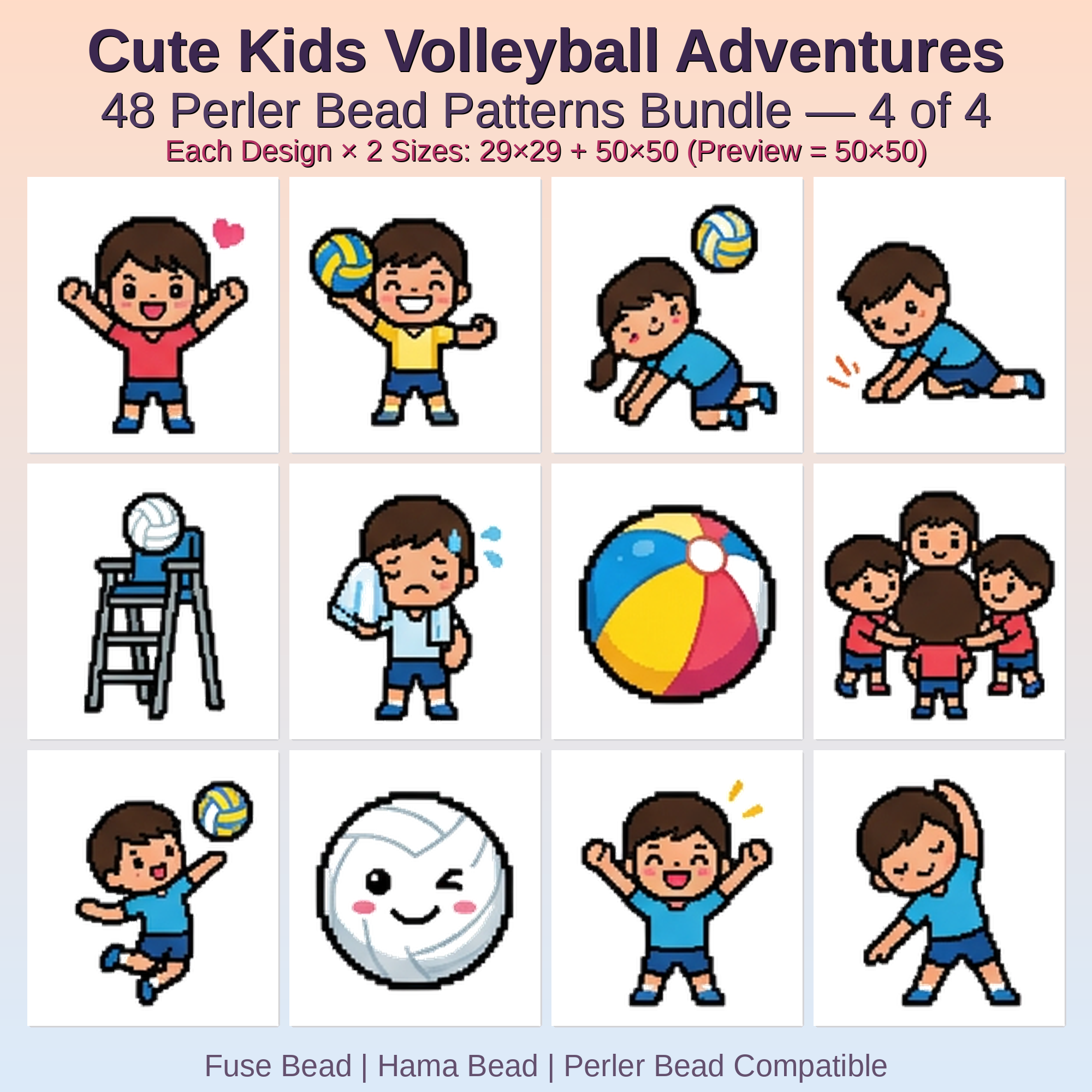 Cute Kids Volleyball Adventures Perler Bead Patterns Bundle, 48 Designs (PDF Digital Download)