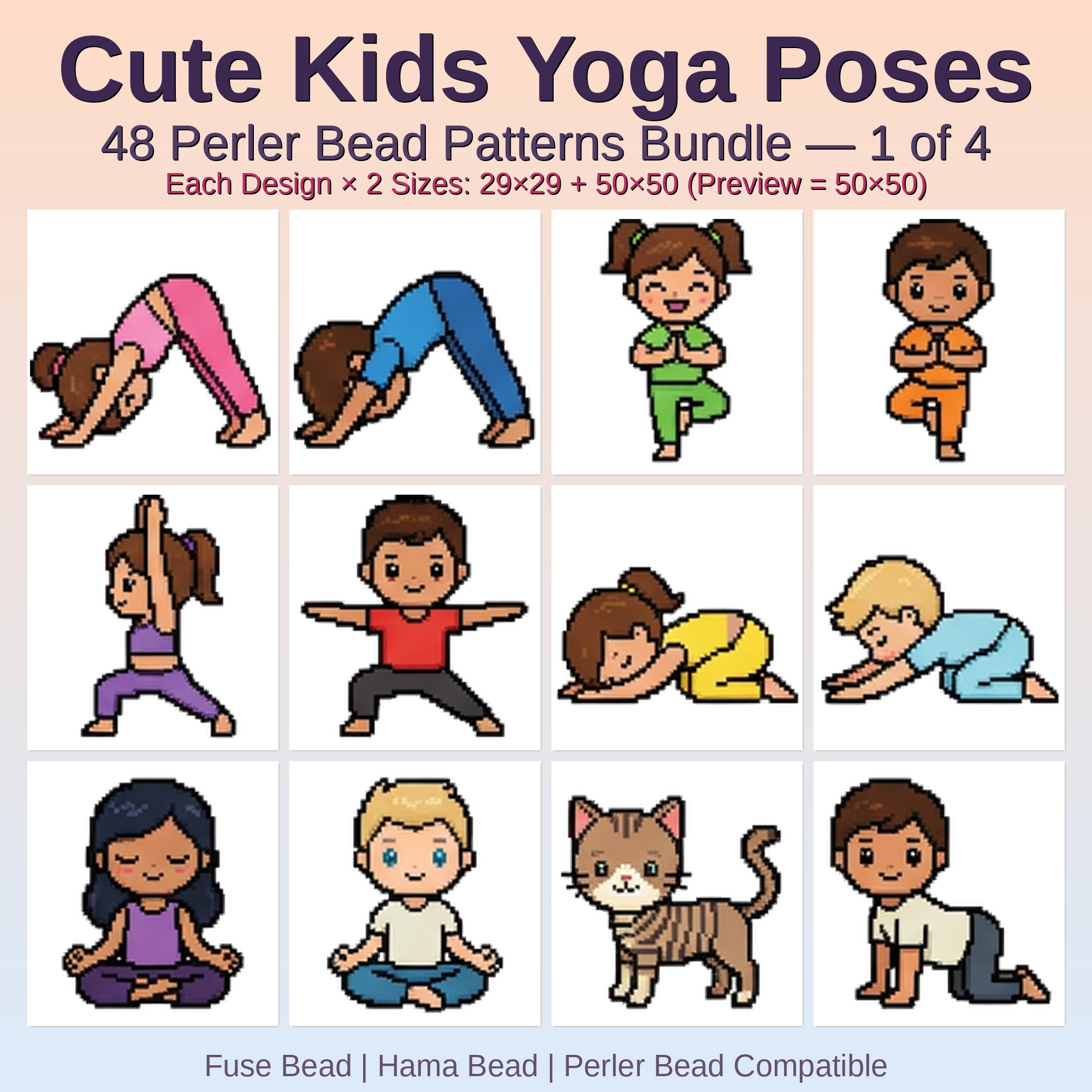 Cute Kids Yoga Poses Perler Bead Patterns Bundle, 48 Designs (PDF Digital Download)