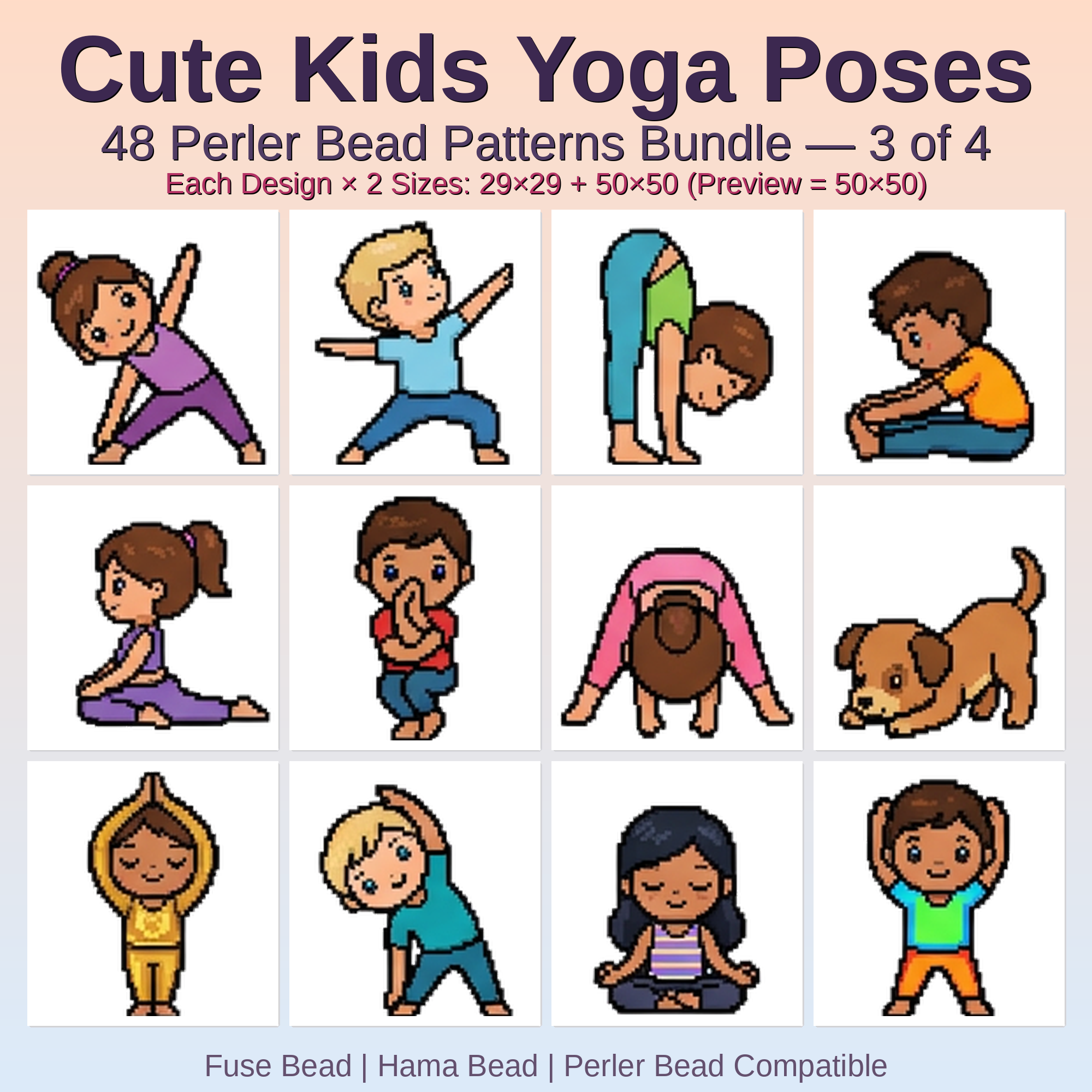 Cute Kids Yoga Poses Perler Bead Patterns Bundle, 48 Designs (PDF Digital Download)
