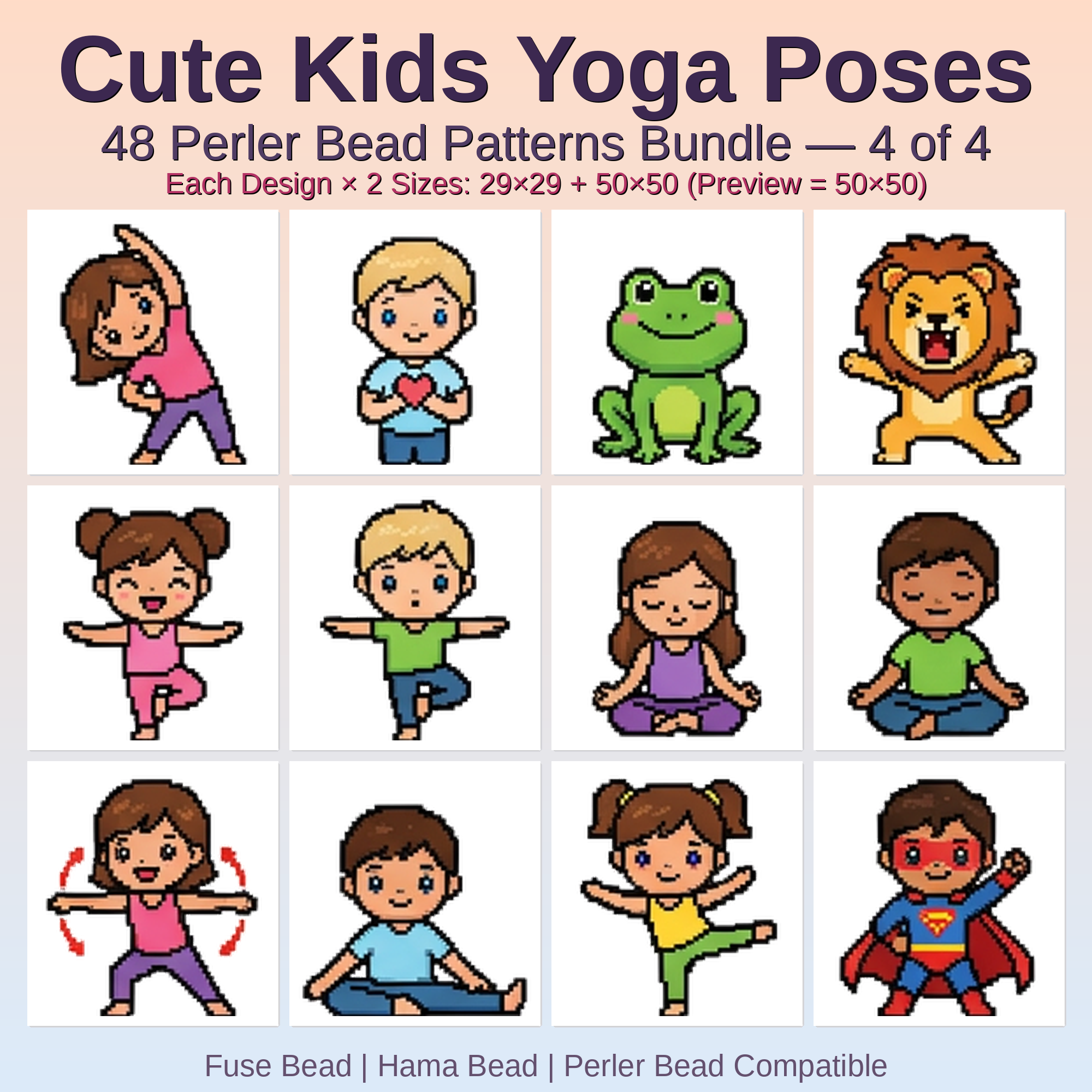 Cute Kids Yoga Poses Perler Bead Patterns Bundle, 48 Designs (PDF Digital Download)