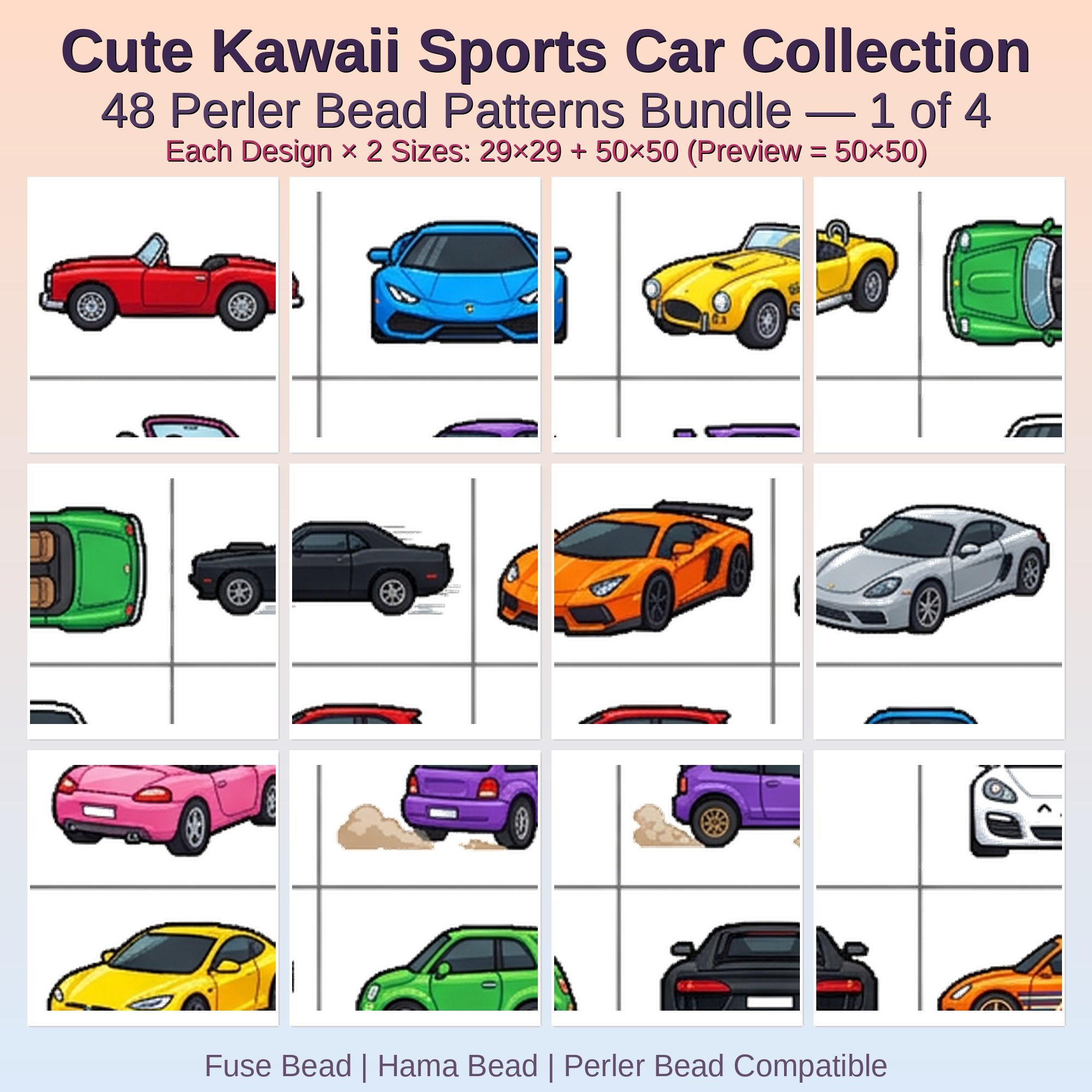 Cute Kawaii Sports Car Collection Perler Bead Patterns Bundle, 48 Designs (PDF Digital Download)