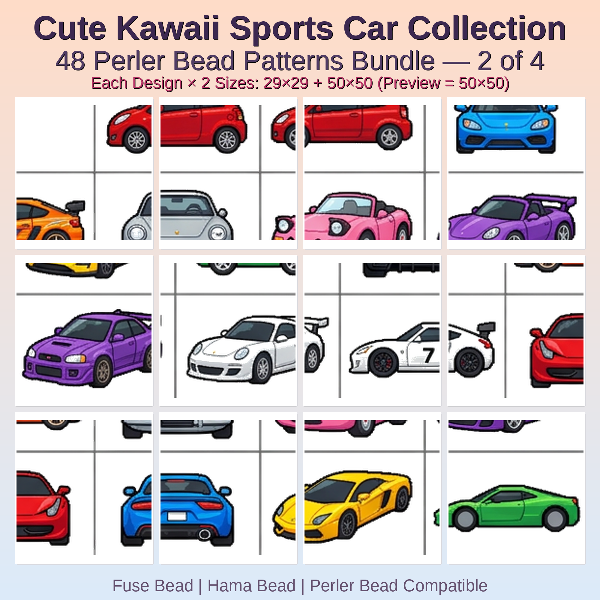Cute Kawaii Sports Car Collection Perler Bead Patterns Bundle, 48 Designs (PDF Digital Download)