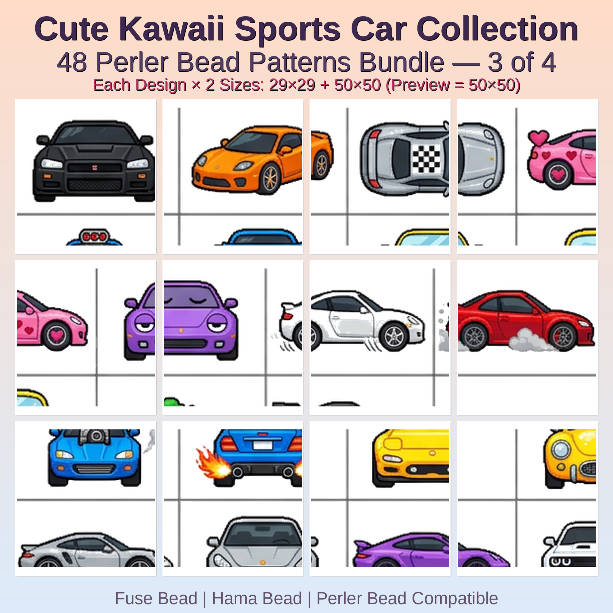 Cute Kawaii Sports Car Collection Perler Bead Patterns Bundle, 48 Designs (PDF Digital Download)