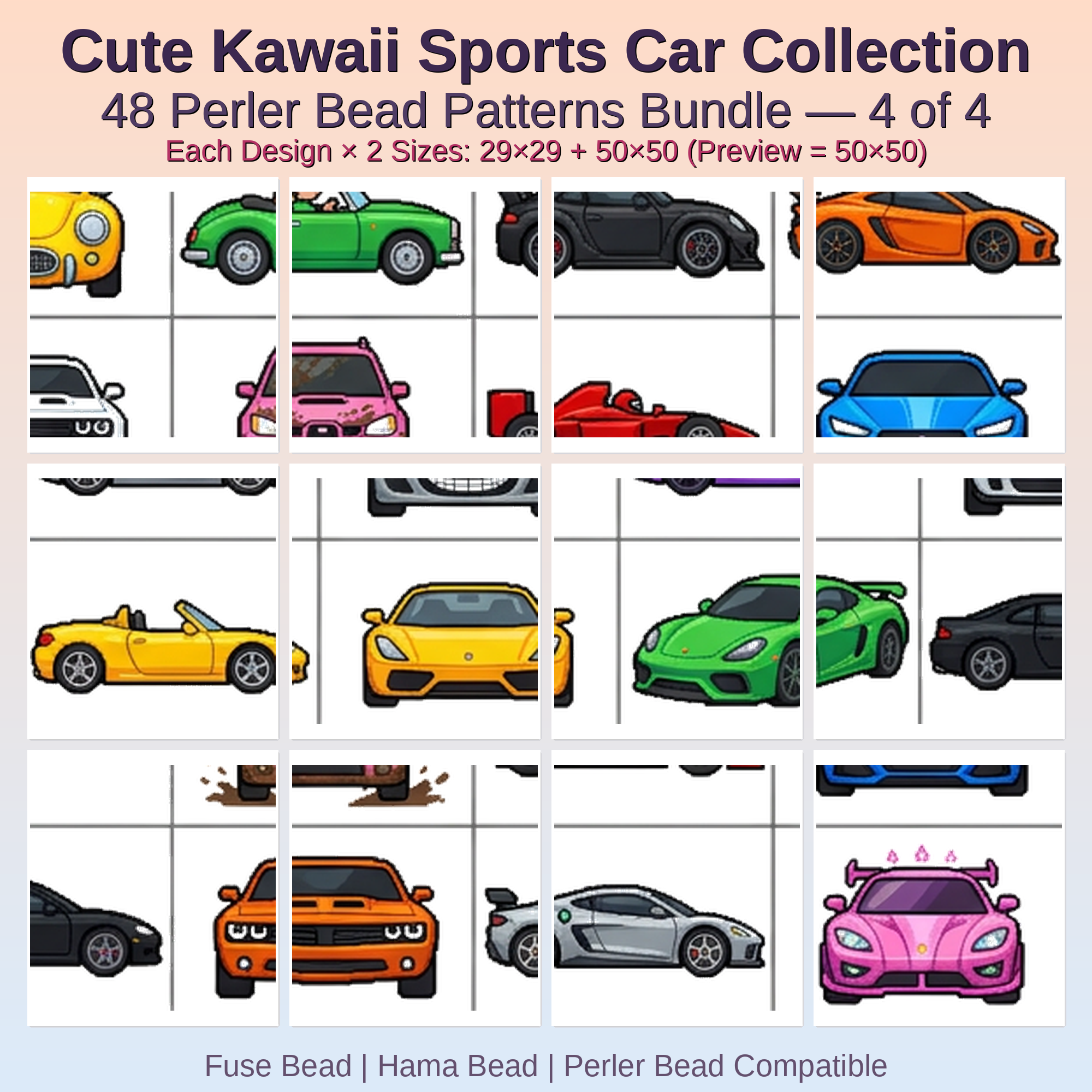 Cute Kawaii Sports Car Collection Perler Bead Patterns Bundle, 48 Designs (PDF Digital Download)