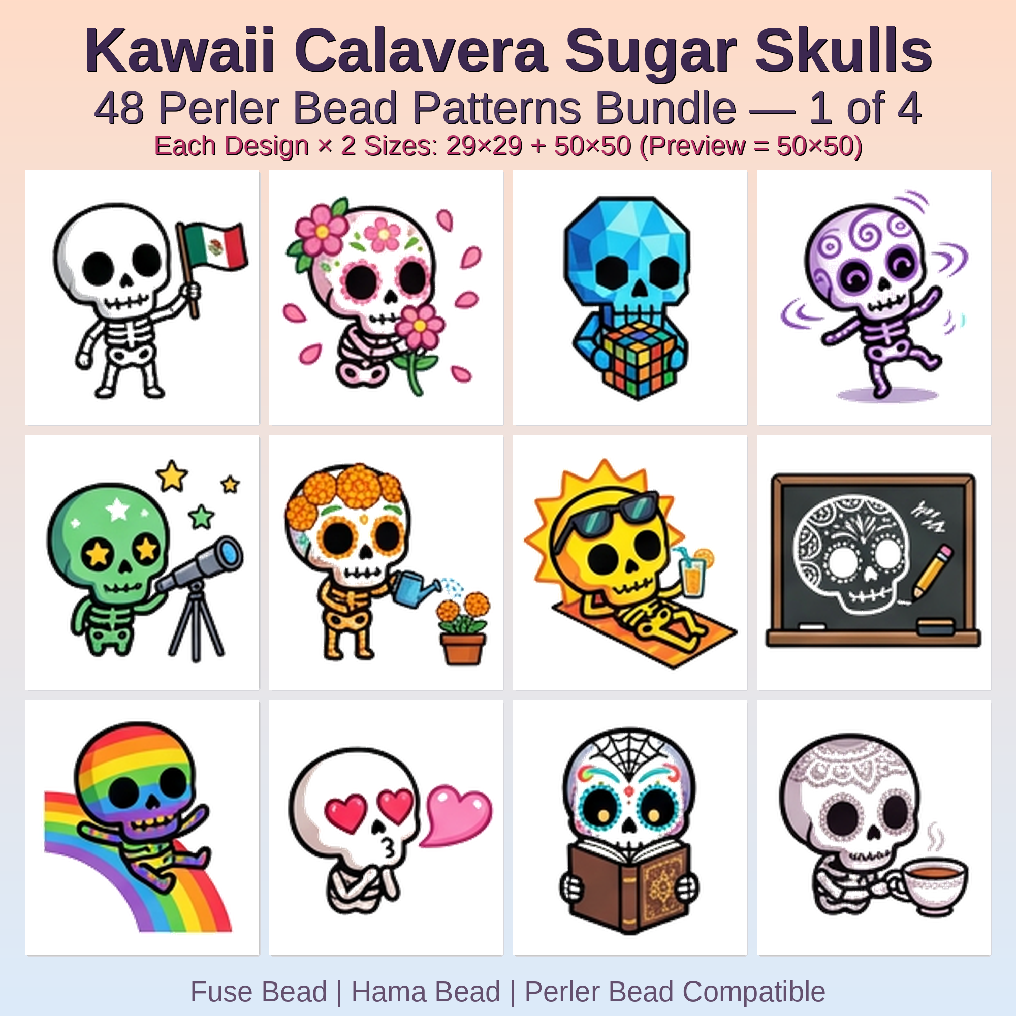 Kawaii Calavera Sugar Skulls Perler Bead Patterns Bundle, 48 Designs (PDF Digital Download)