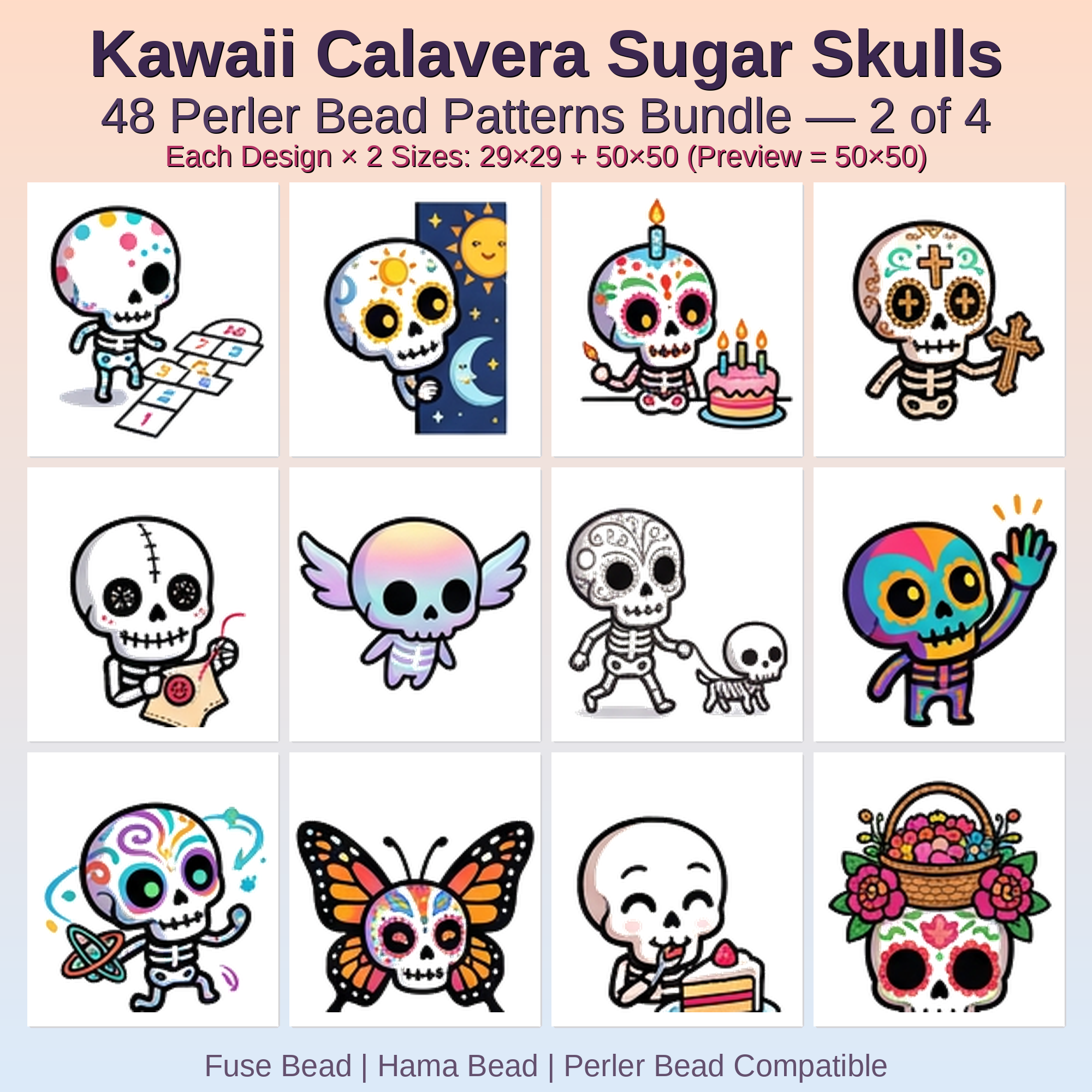 Kawaii Calavera Sugar Skulls Perler Bead Patterns Bundle, 48 Designs (PDF Digital Download)