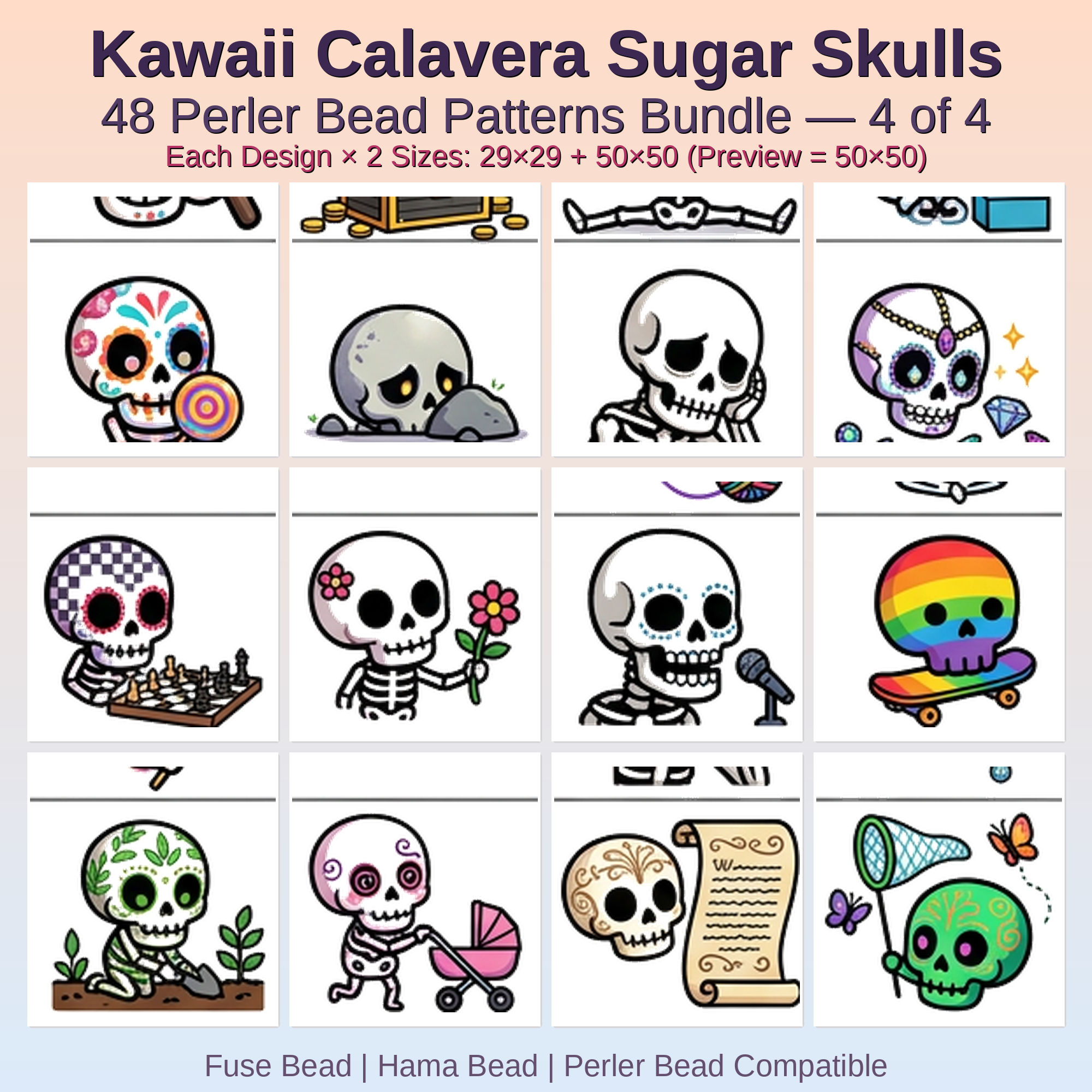 Kawaii Calavera Sugar Skulls Perler Bead Patterns Bundle, 48 Designs (PDF Digital Download)