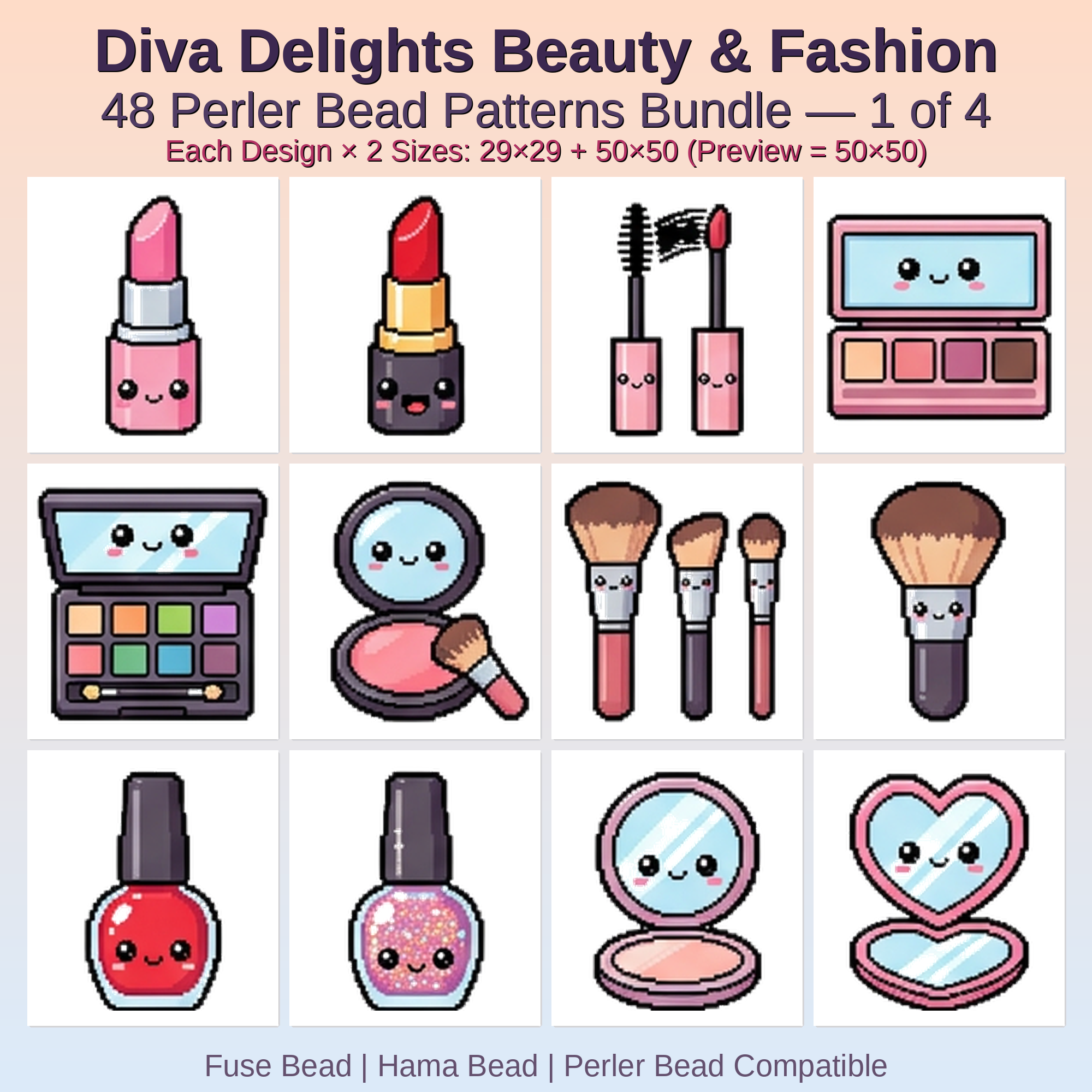 Diva Delights Beauty & Fashion Perler Bead Patterns Bundle, 48 Designs (PDF Digital Download)