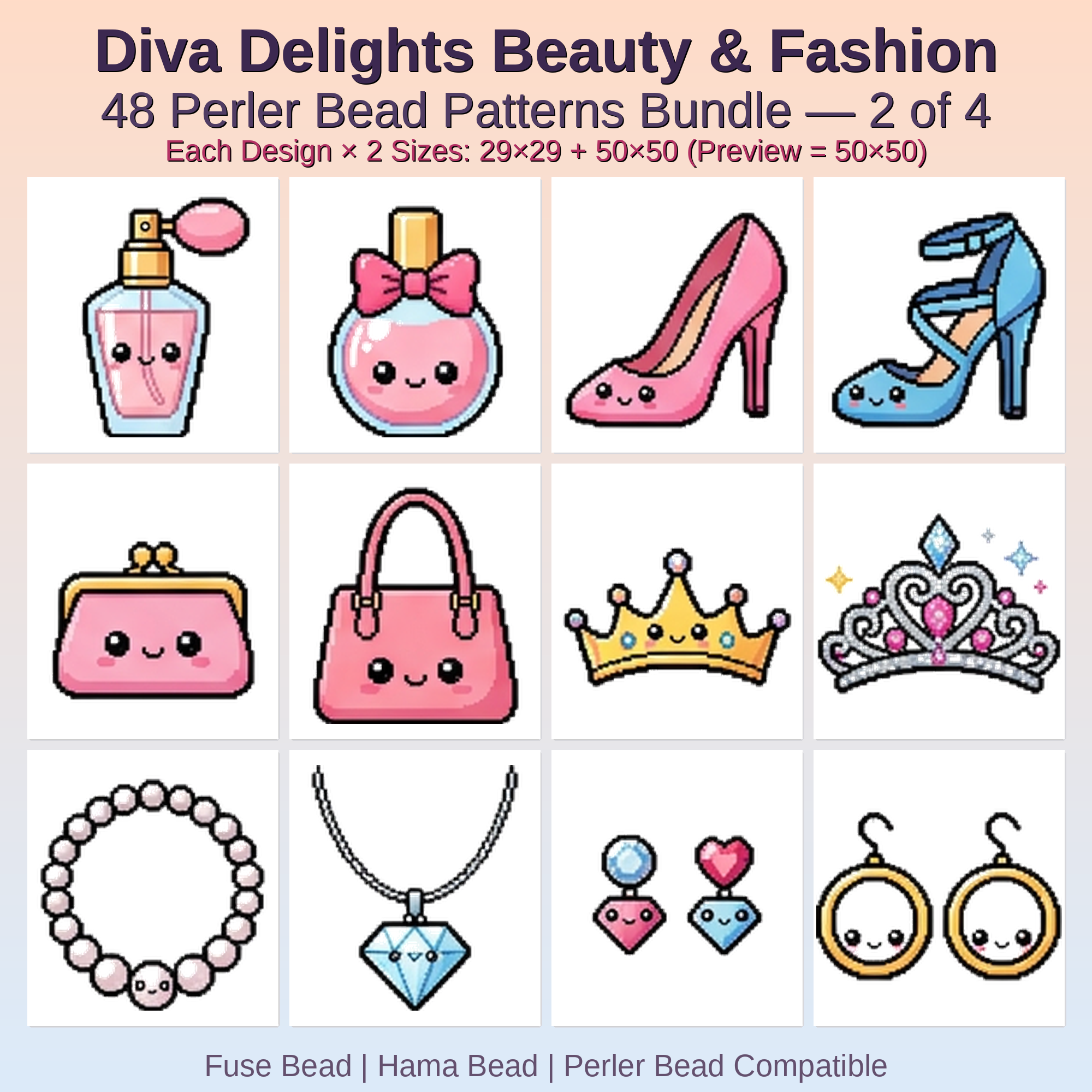 Diva Delights Beauty & Fashion Perler Bead Patterns Bundle, 48 Designs (PDF Digital Download)