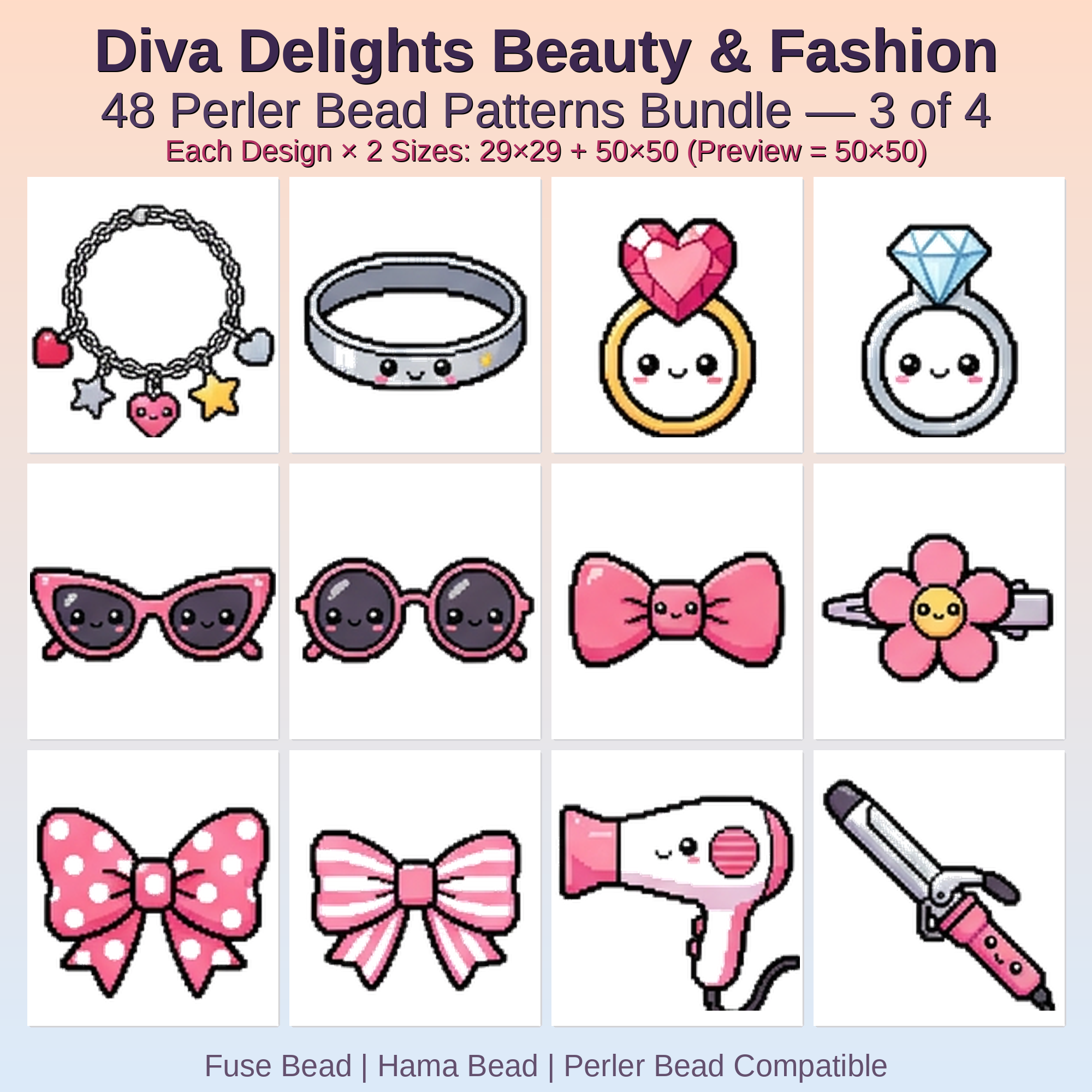 Diva Delights Beauty & Fashion Perler Bead Patterns Bundle, 48 Designs (PDF Digital Download)