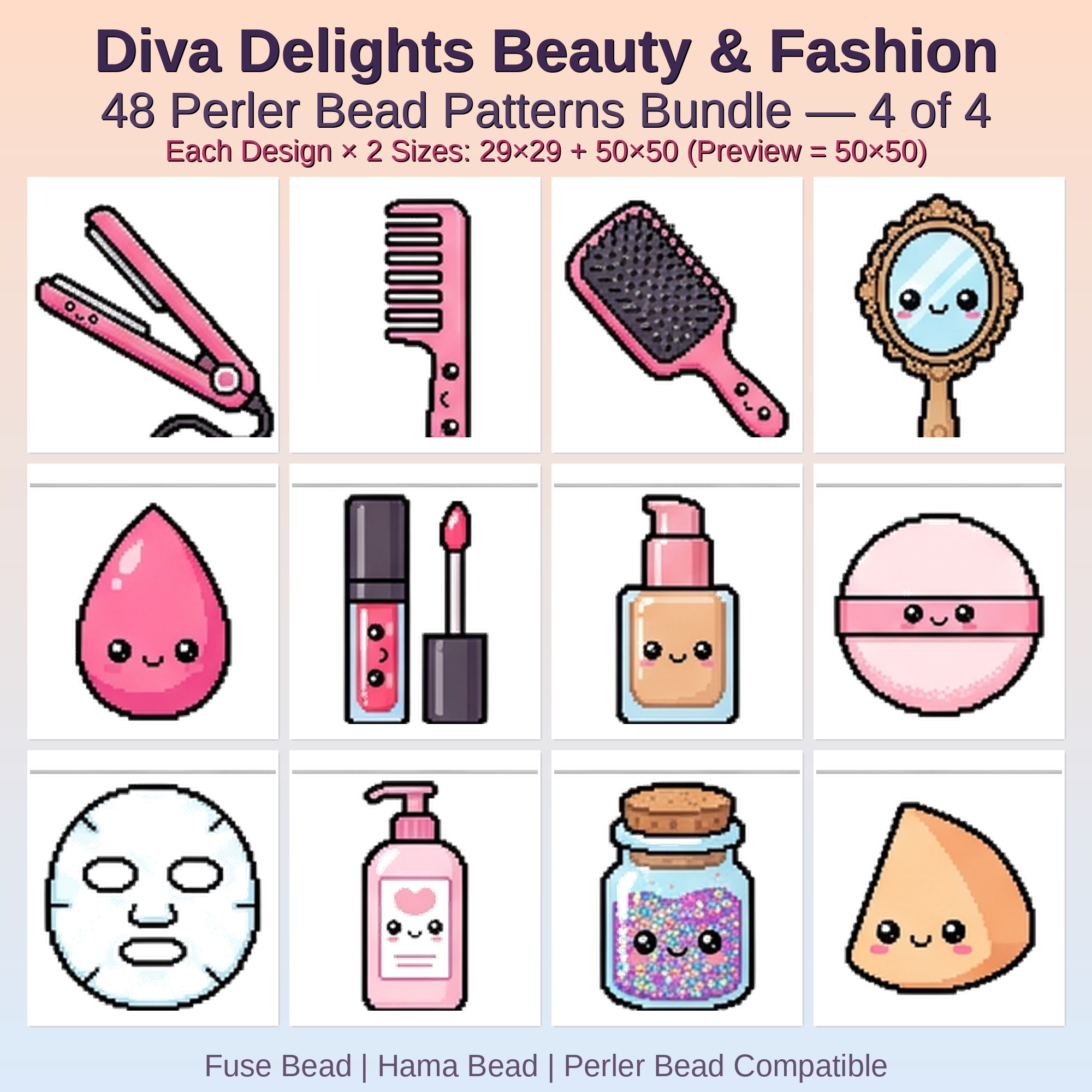Diva Delights Beauty & Fashion Perler Bead Patterns Bundle, 48 Designs (PDF Digital Download)