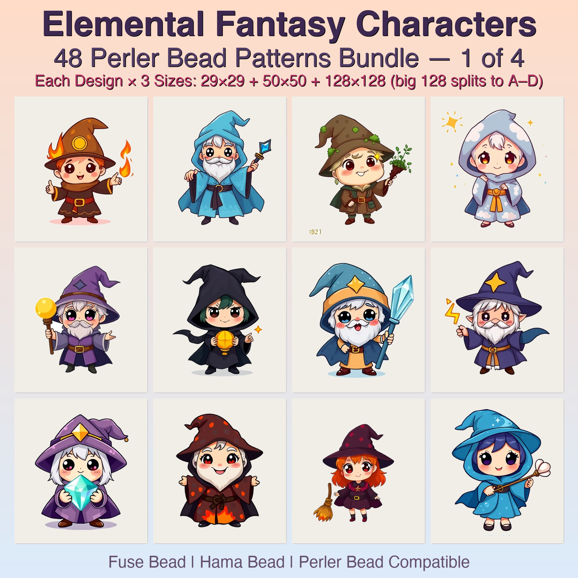 Elemental Fantasy Characters Perler Bead Patterns, 48 Designs x 3 Grid Sizes (29x29 + 50x50 + 128x128), Fuse Bead PDF Digital Download