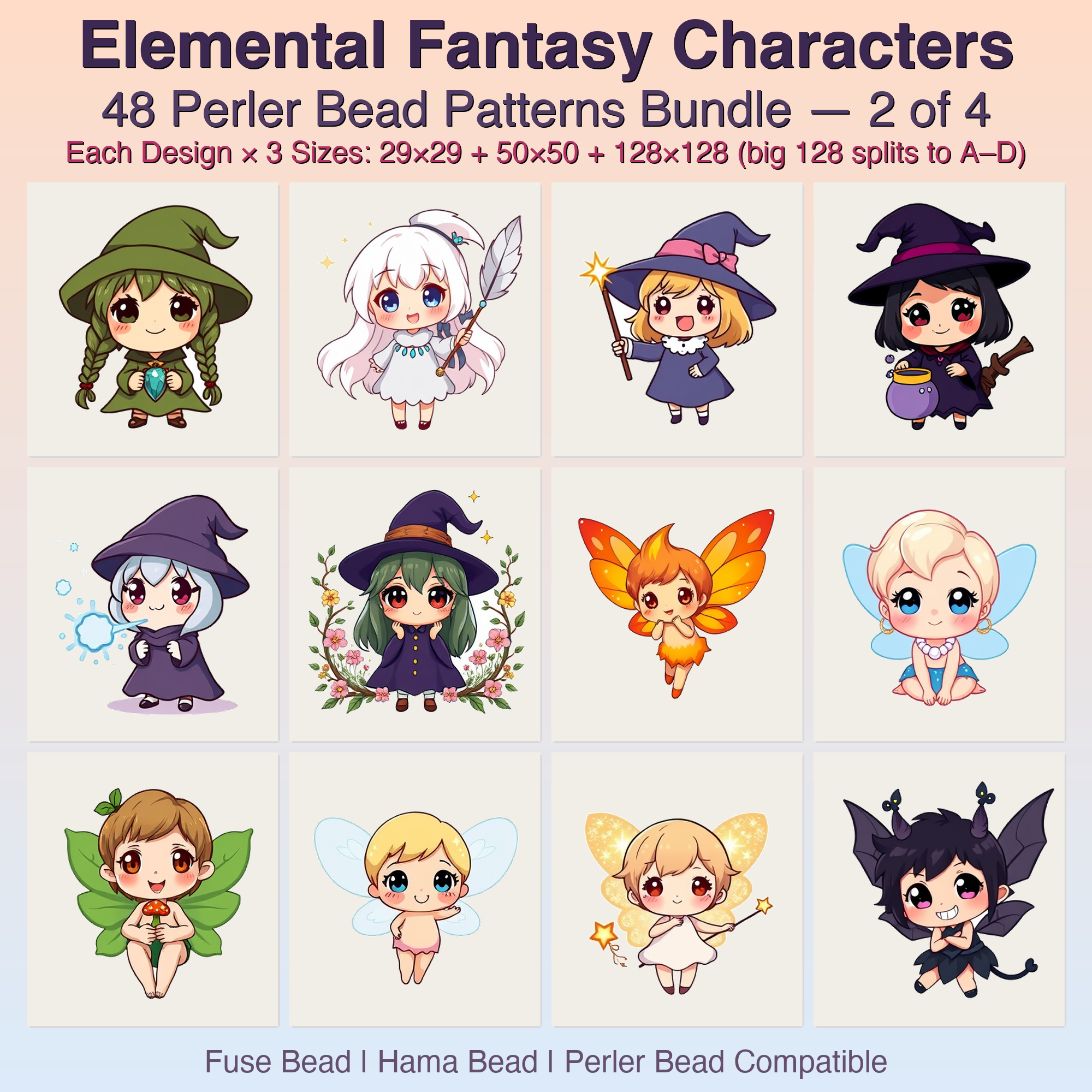 Elemental Fantasy Characters Perler Bead Patterns, 48 Designs x 3 Grid Sizes (29x29 + 50x50 + 128x128), Fuse Bead PDF Digital Download