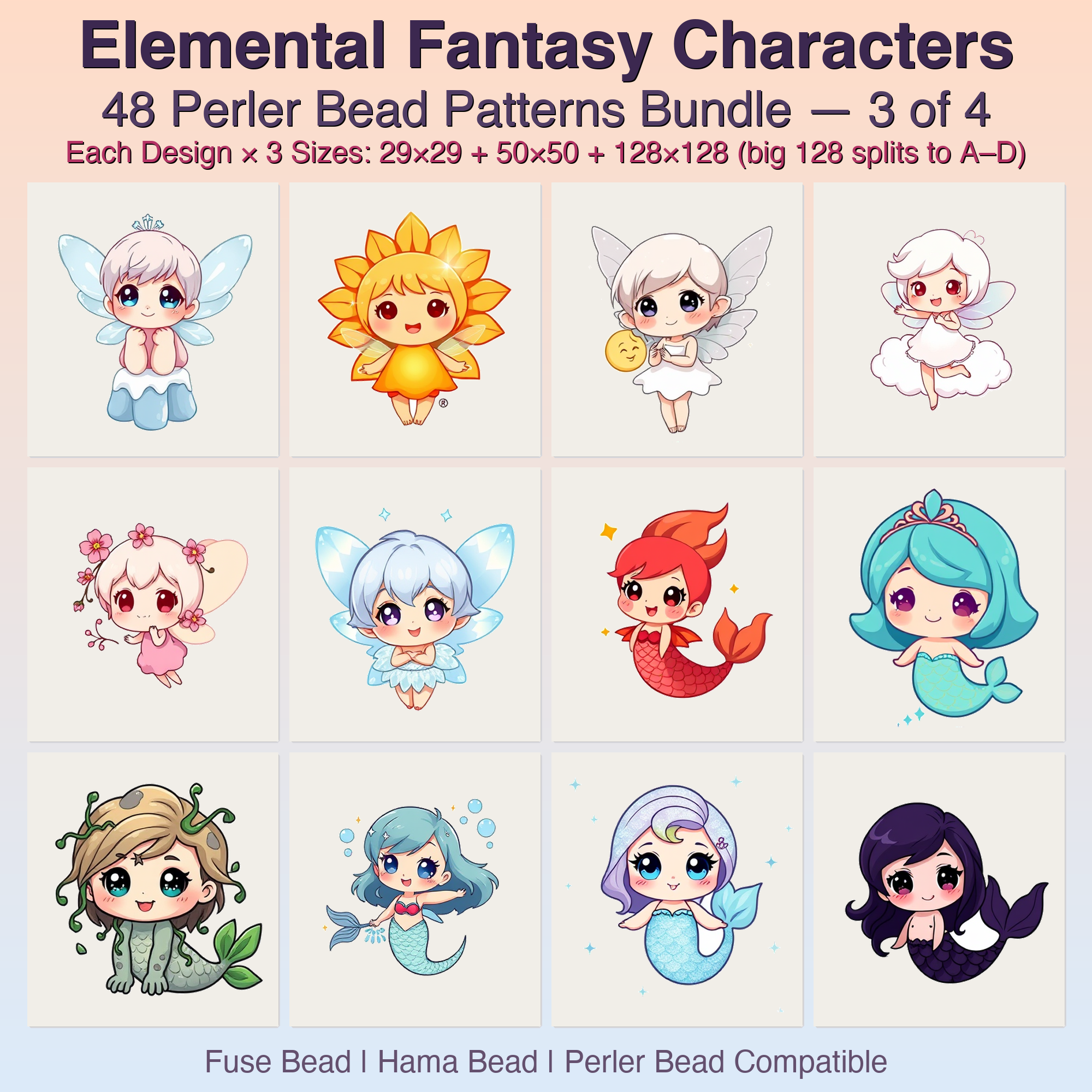 Elemental Fantasy Characters Perler Bead Patterns, 48 Designs x 3 Grid Sizes (29x29 + 50x50 + 128x128), Fuse Bead PDF Digital Download