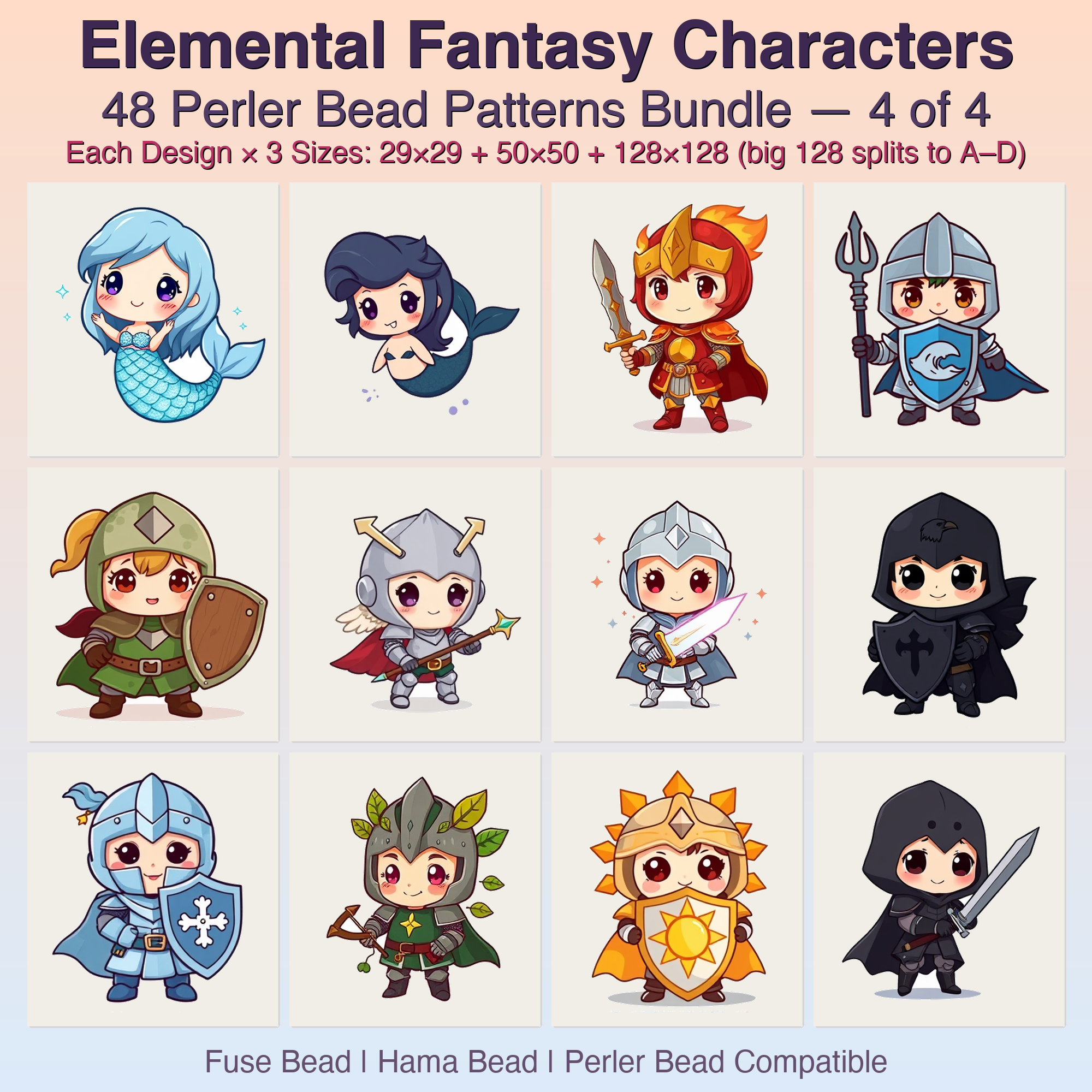 Elemental Fantasy Characters Perler Bead Patterns, 48 Designs x 3 Grid Sizes (29x29 + 50x50 + 128x128), Fuse Bead PDF Digital Download