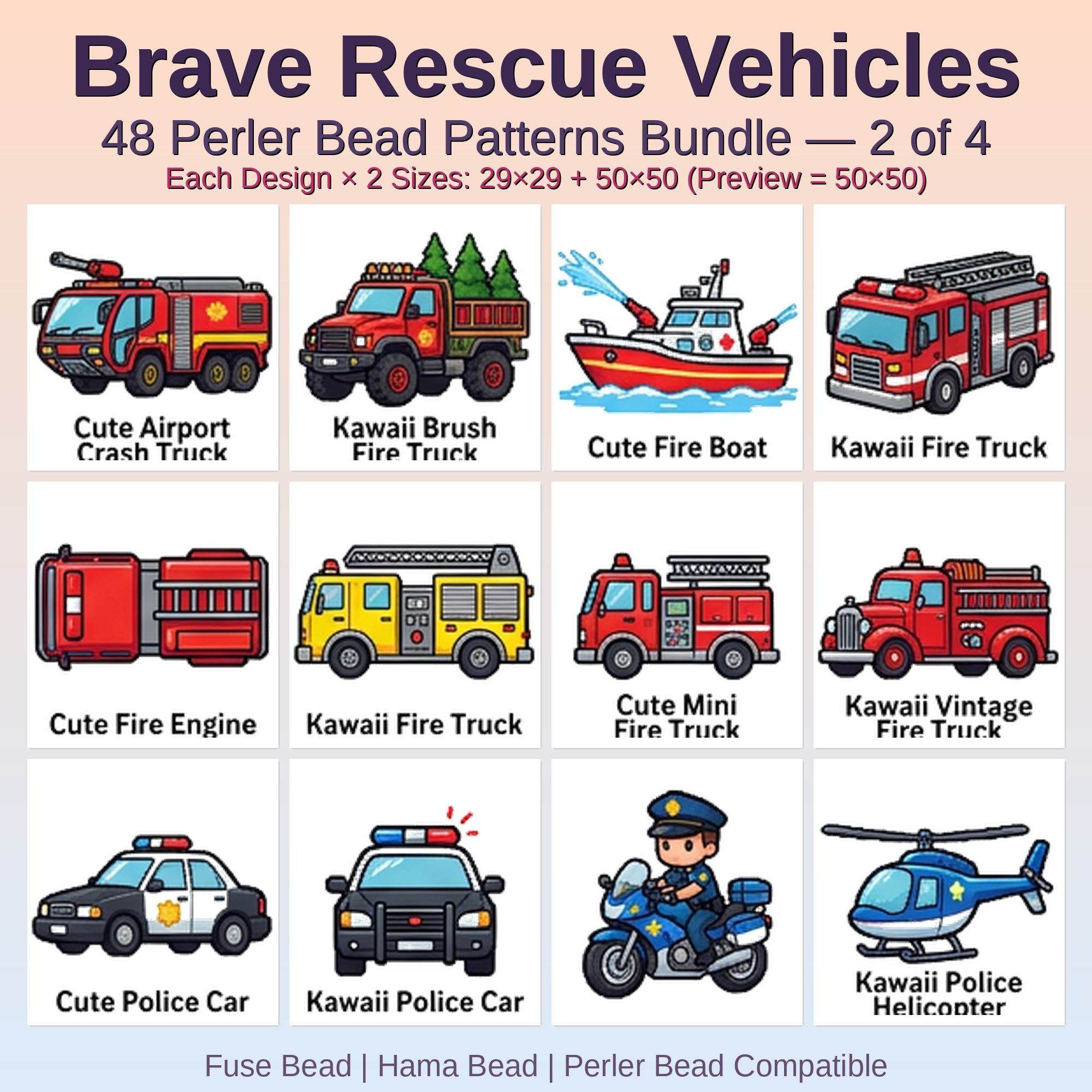 Brave Rescue Vehicles Perler Bead Patterns Bundle, 48 Designs (PDF Digital Download)