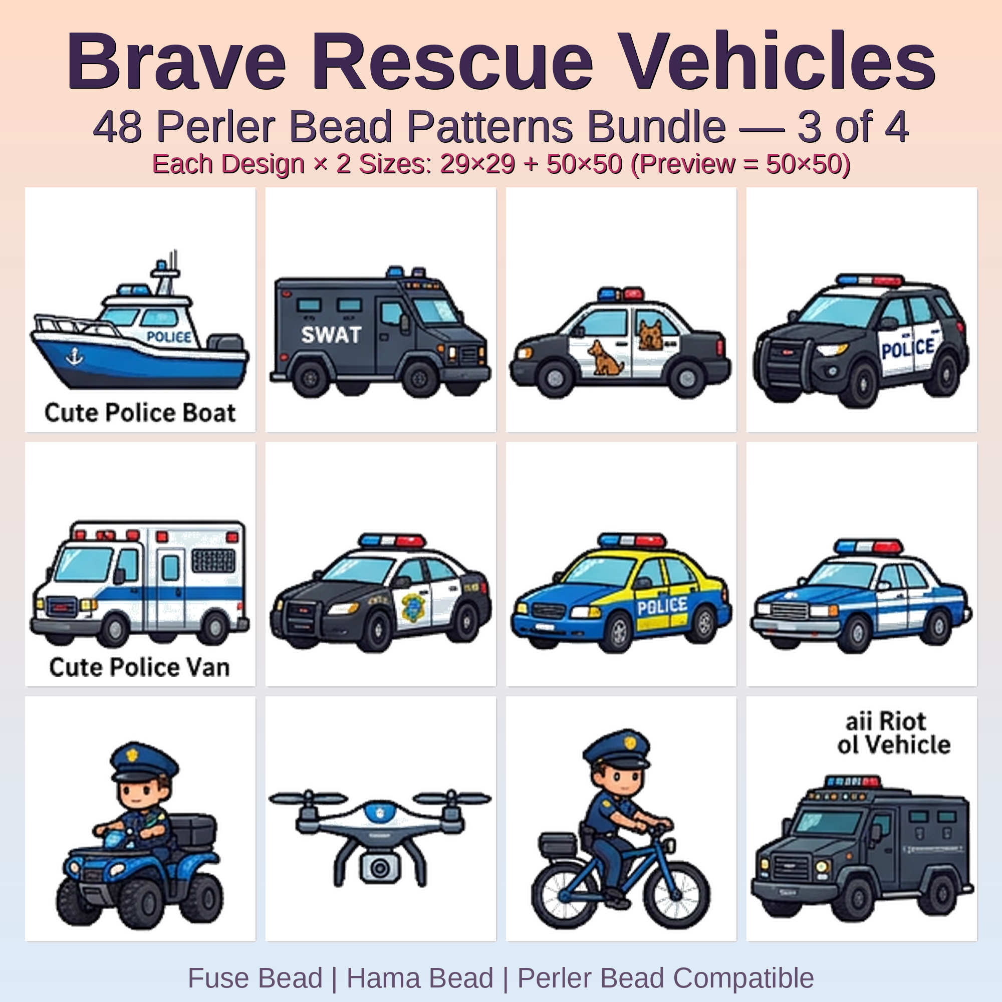 Brave Rescue Vehicles Perler Bead Patterns Bundle, 48 Designs (PDF Digital Download)