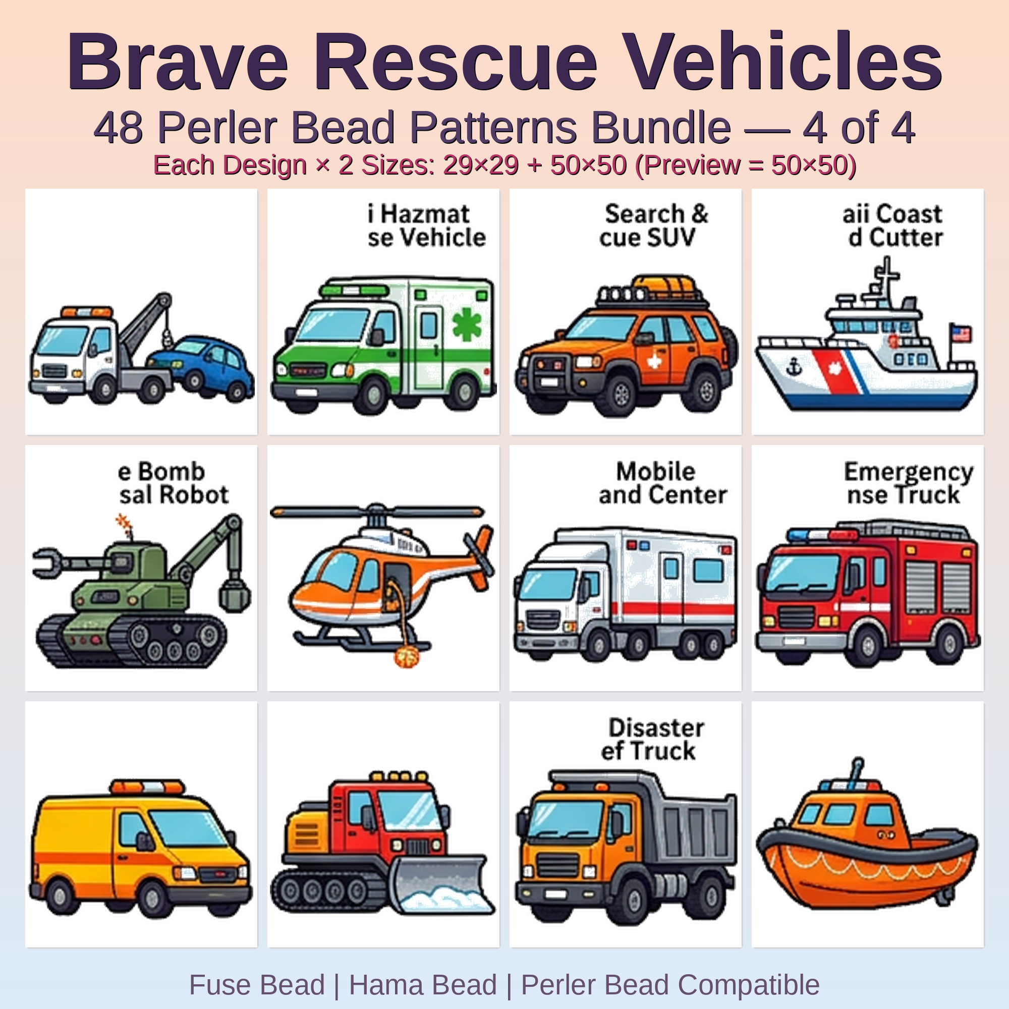 Brave Rescue Vehicles Perler Bead Patterns Bundle, 48 Designs (PDF Digital Download)