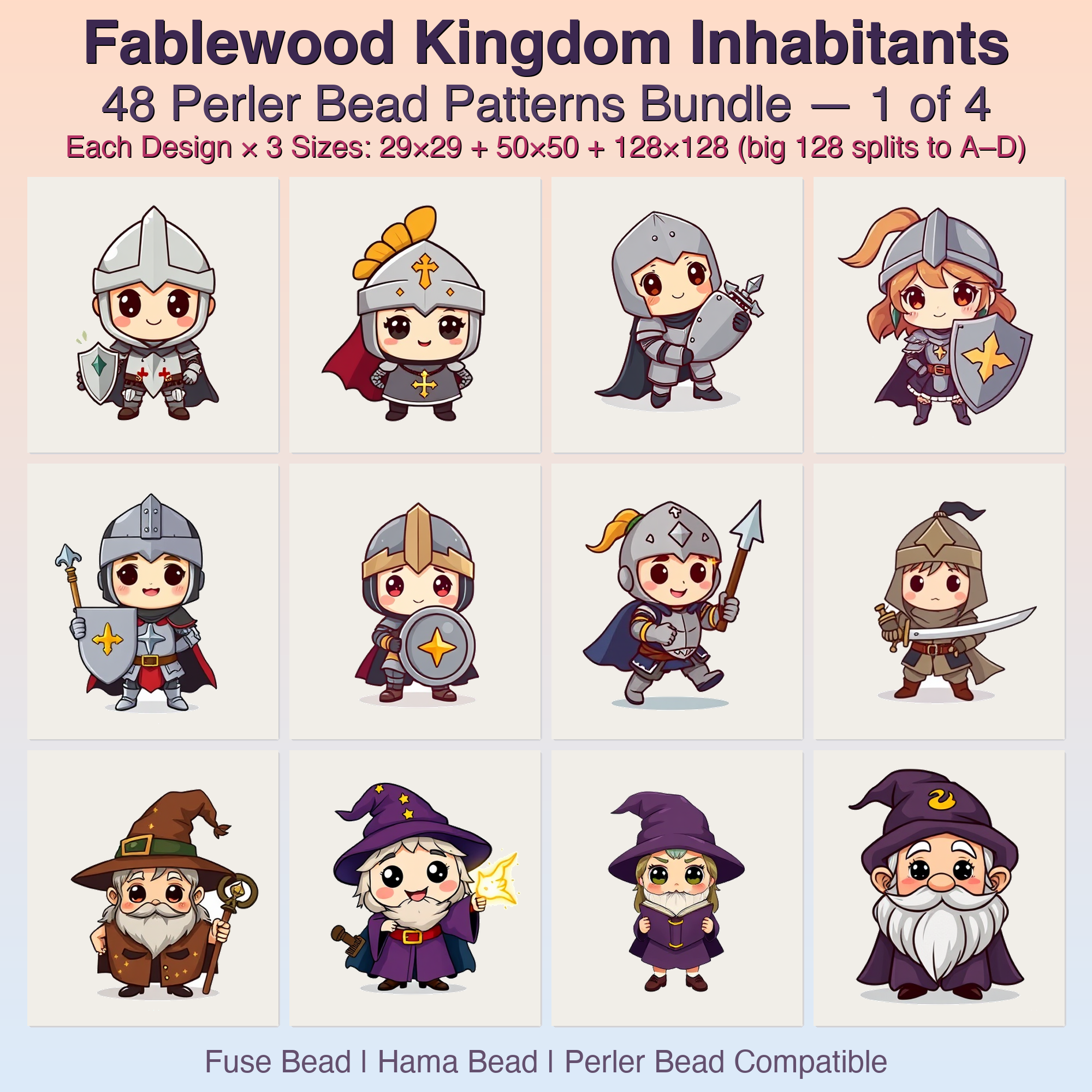 Fablewood Kingdom Inhabitants Perler Bead Patterns, 48 Designs x 3 Grid Sizes (29x29 + 50x50 + 128x128), Fuse Bead PDF Digital Download
