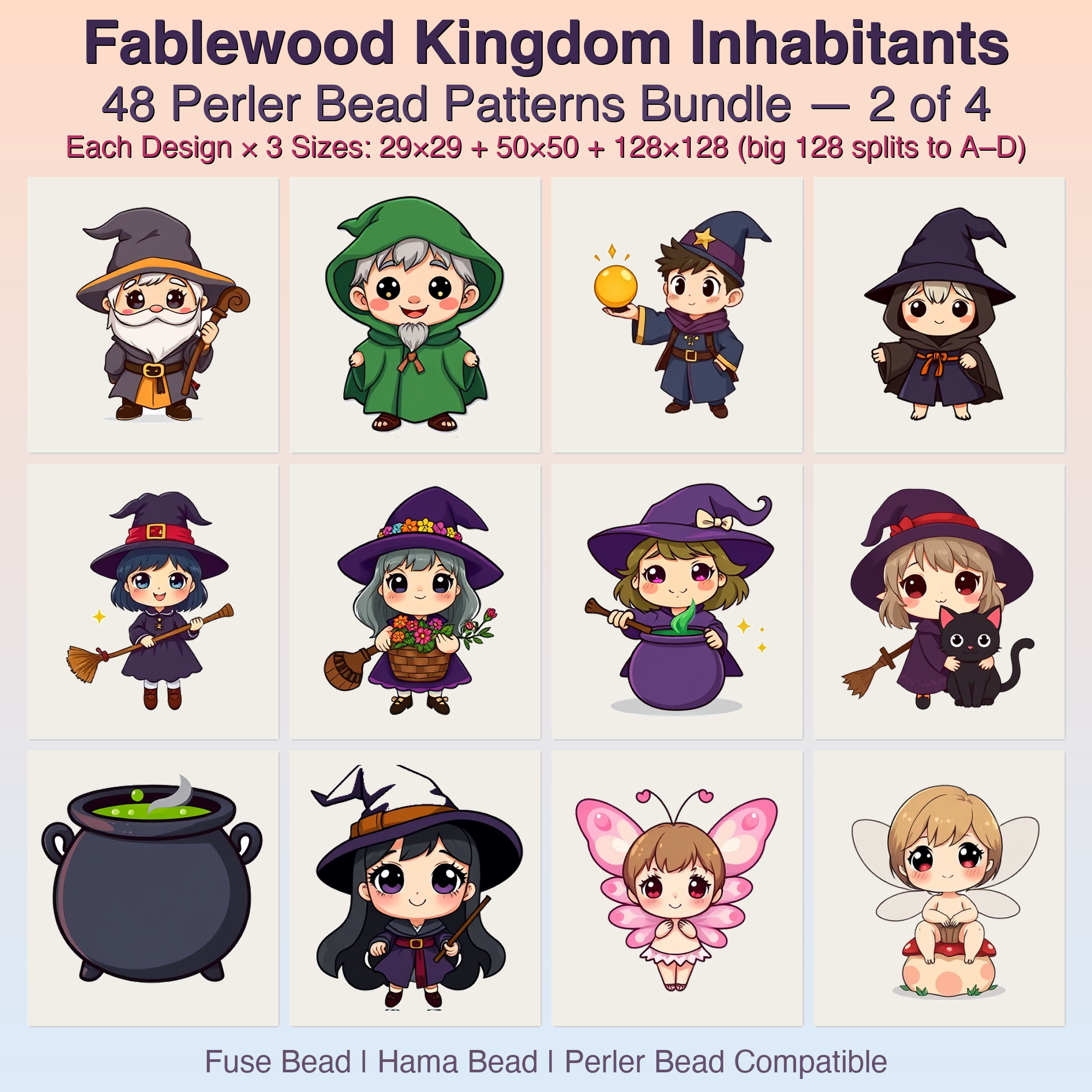 Fablewood Kingdom Inhabitants Perler Bead Patterns, 48 Designs x 3 Grid Sizes (29x29 + 50x50 + 128x128), Fuse Bead PDF Digital Download