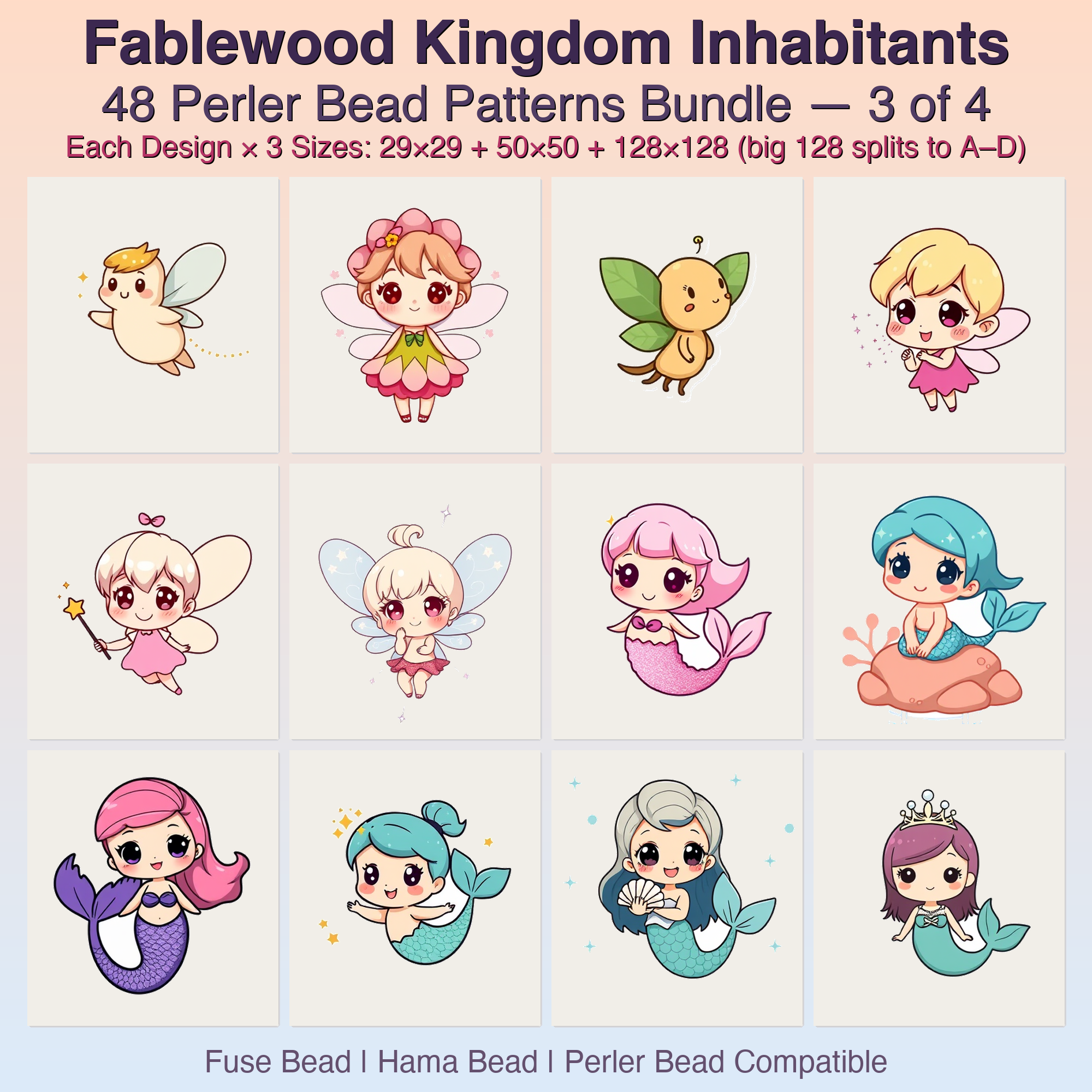 Fablewood Kingdom Inhabitants Perler Bead Patterns, 48 Designs x 3 Grid Sizes (29x29 + 50x50 + 128x128), Fuse Bead PDF Digital Download