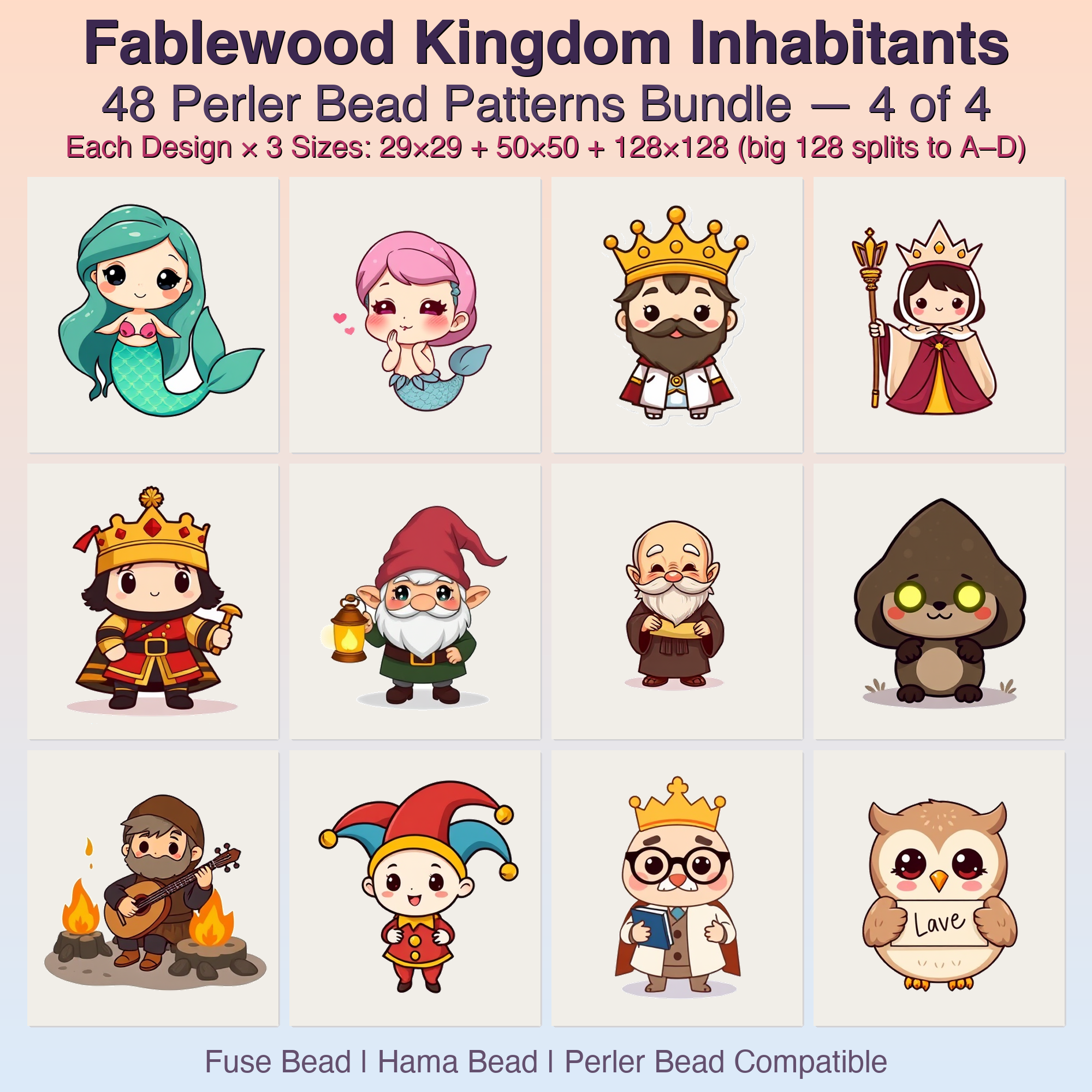 Fablewood Kingdom Inhabitants Perler Bead Patterns, 48 Designs x 3 Grid Sizes (29x29 + 50x50 + 128x128), Fuse Bead PDF Digital Download
