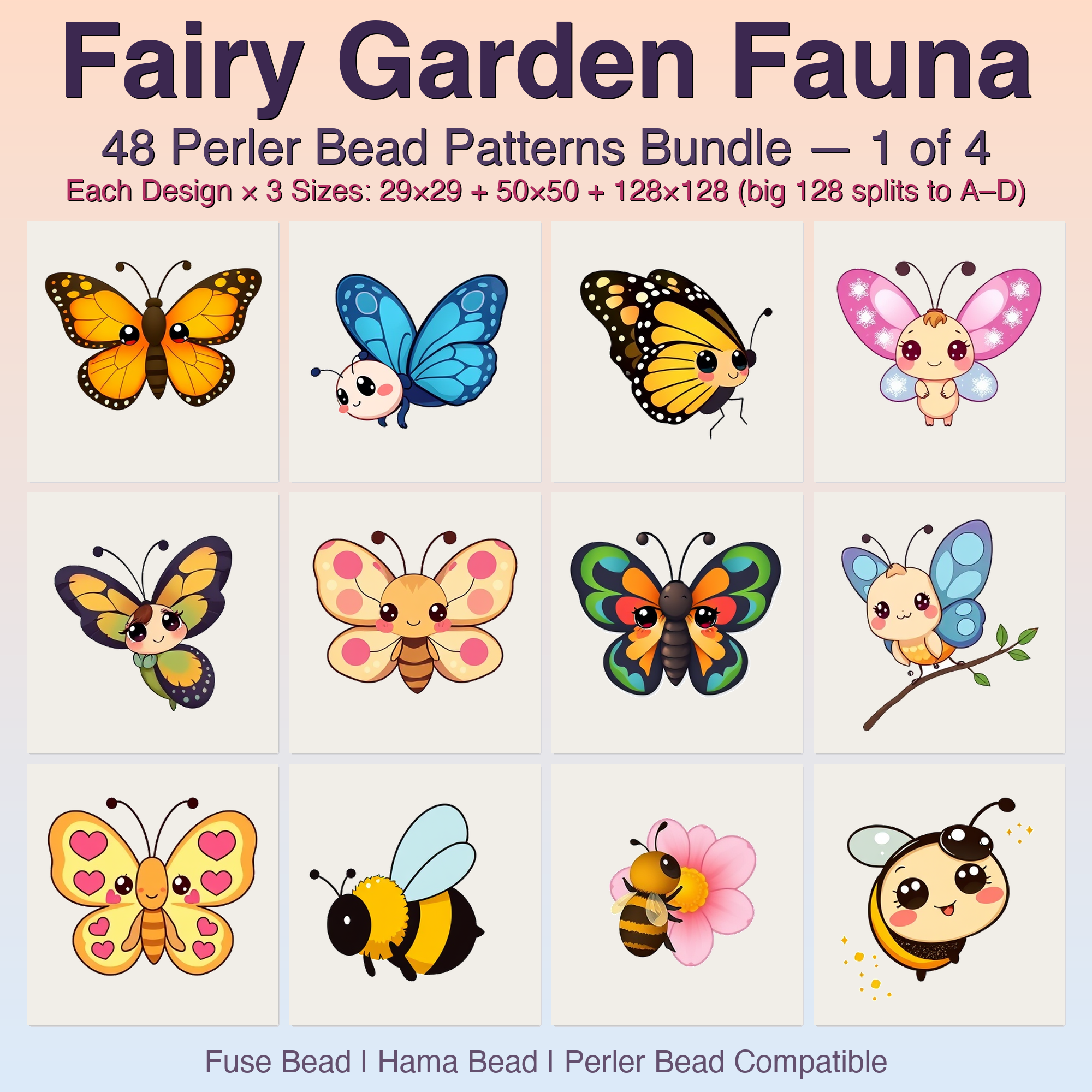 Fairy Garden Fauna Perler Bead Patterns, 48 Designs x 3 Grid Sizes (29x29 + 50x50 + 128x128), Fuse Bead PDF Digital Download