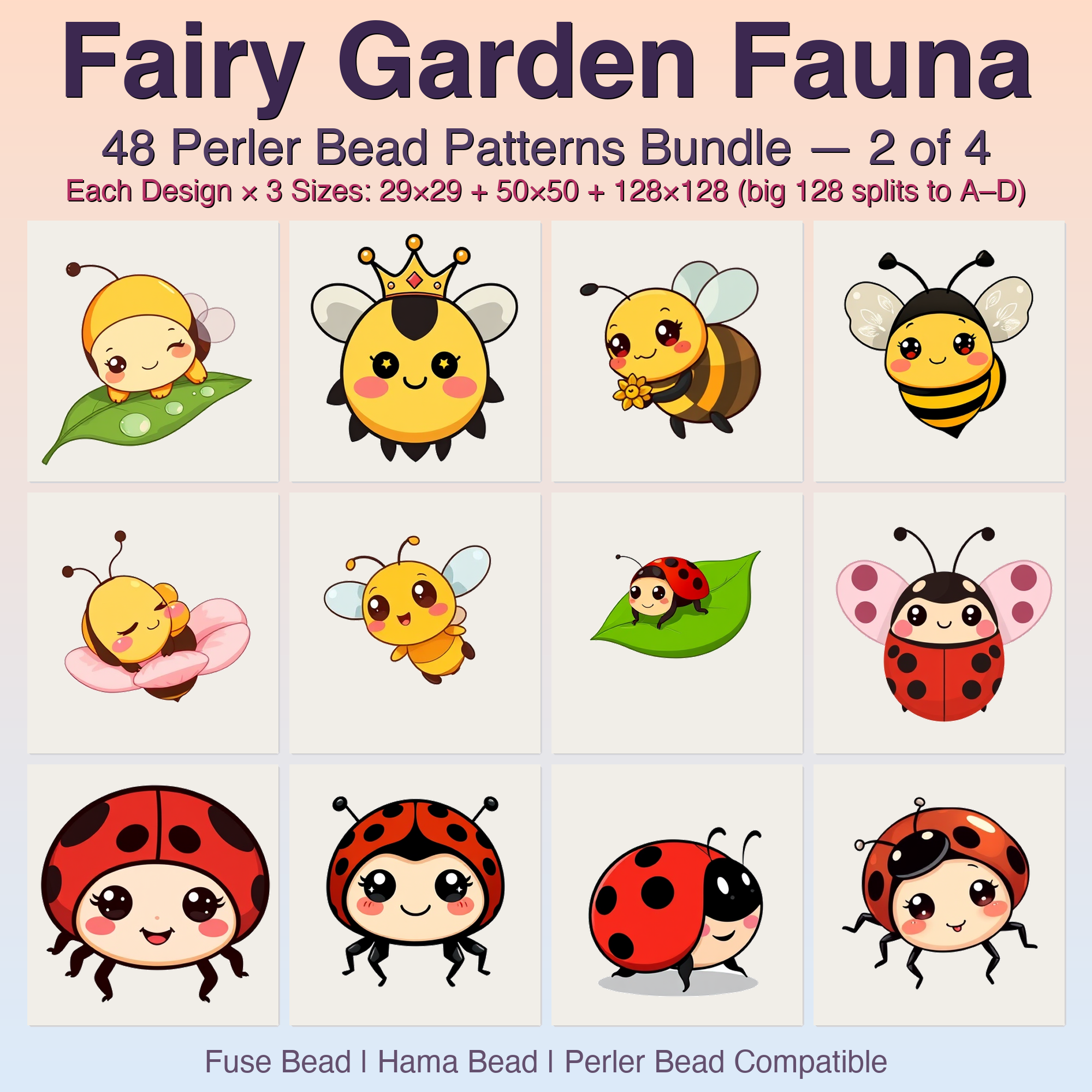 Fairy Garden Fauna Perler Bead Patterns, 48 Designs x 3 Grid Sizes (29x29 + 50x50 + 128x128), Fuse Bead PDF Digital Download