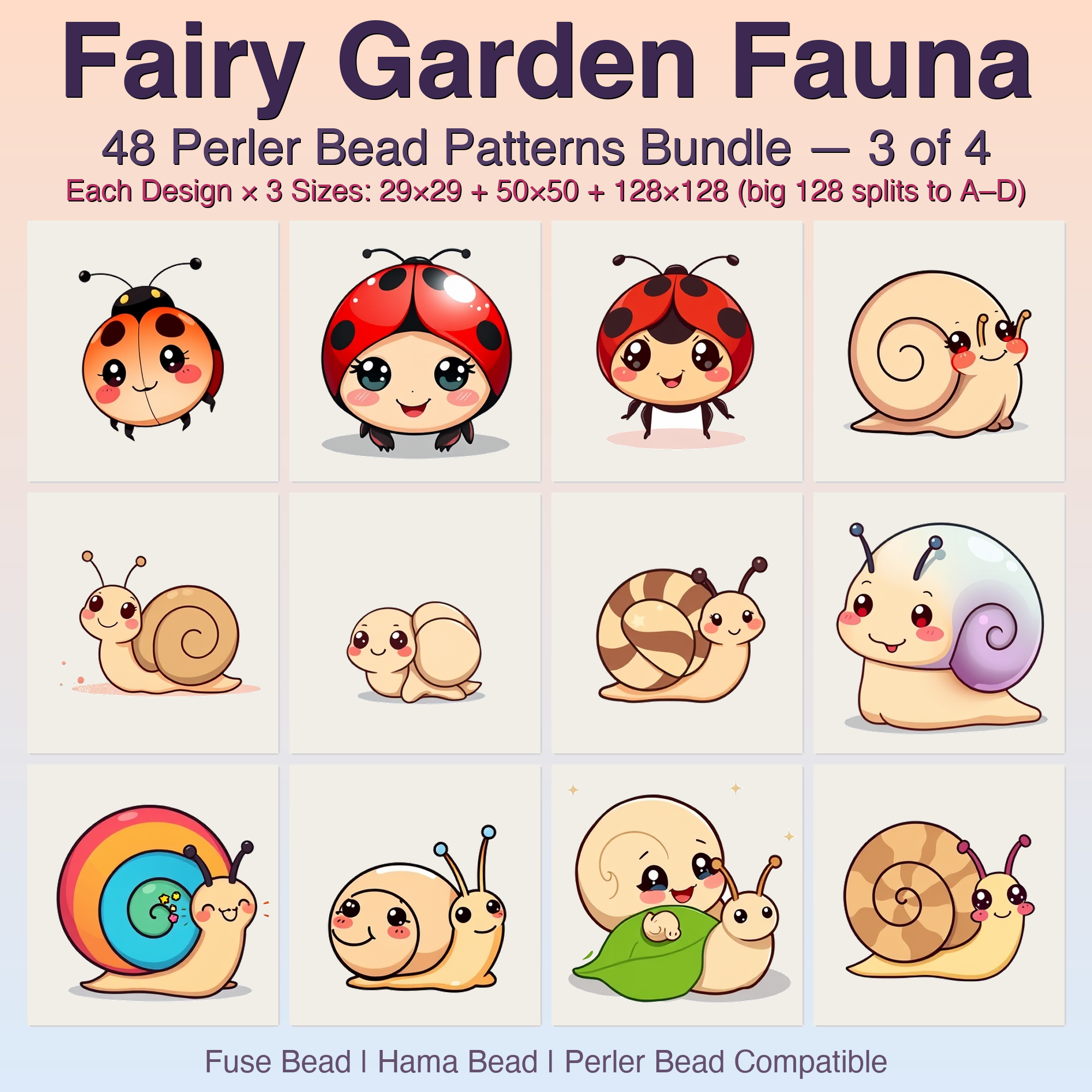 Fairy Garden Fauna Perler Bead Patterns, 48 Designs x 3 Grid Sizes (29x29 + 50x50 + 128x128), Fuse Bead PDF Digital Download