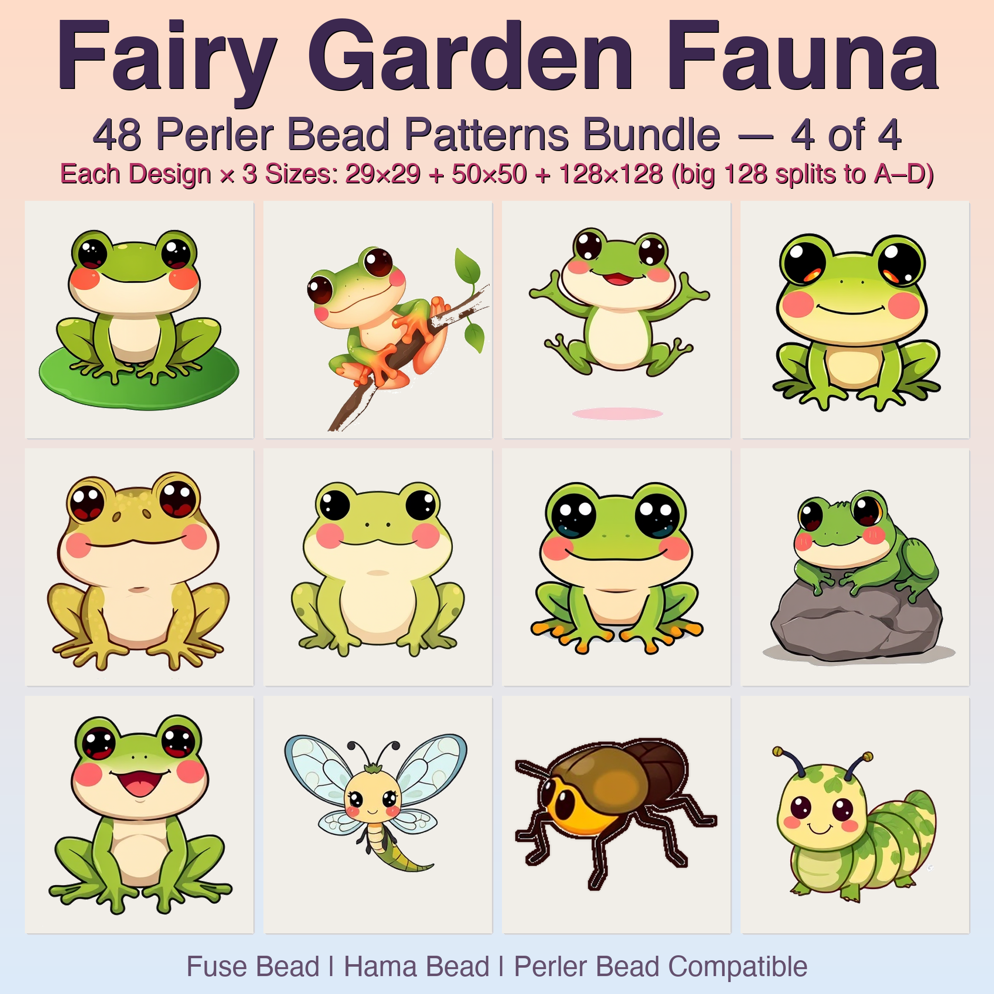 Fairy Garden Fauna Perler Bead Patterns, 48 Designs x 3 Grid Sizes (29x29 + 50x50 + 128x128), Fuse Bead PDF Digital Download
