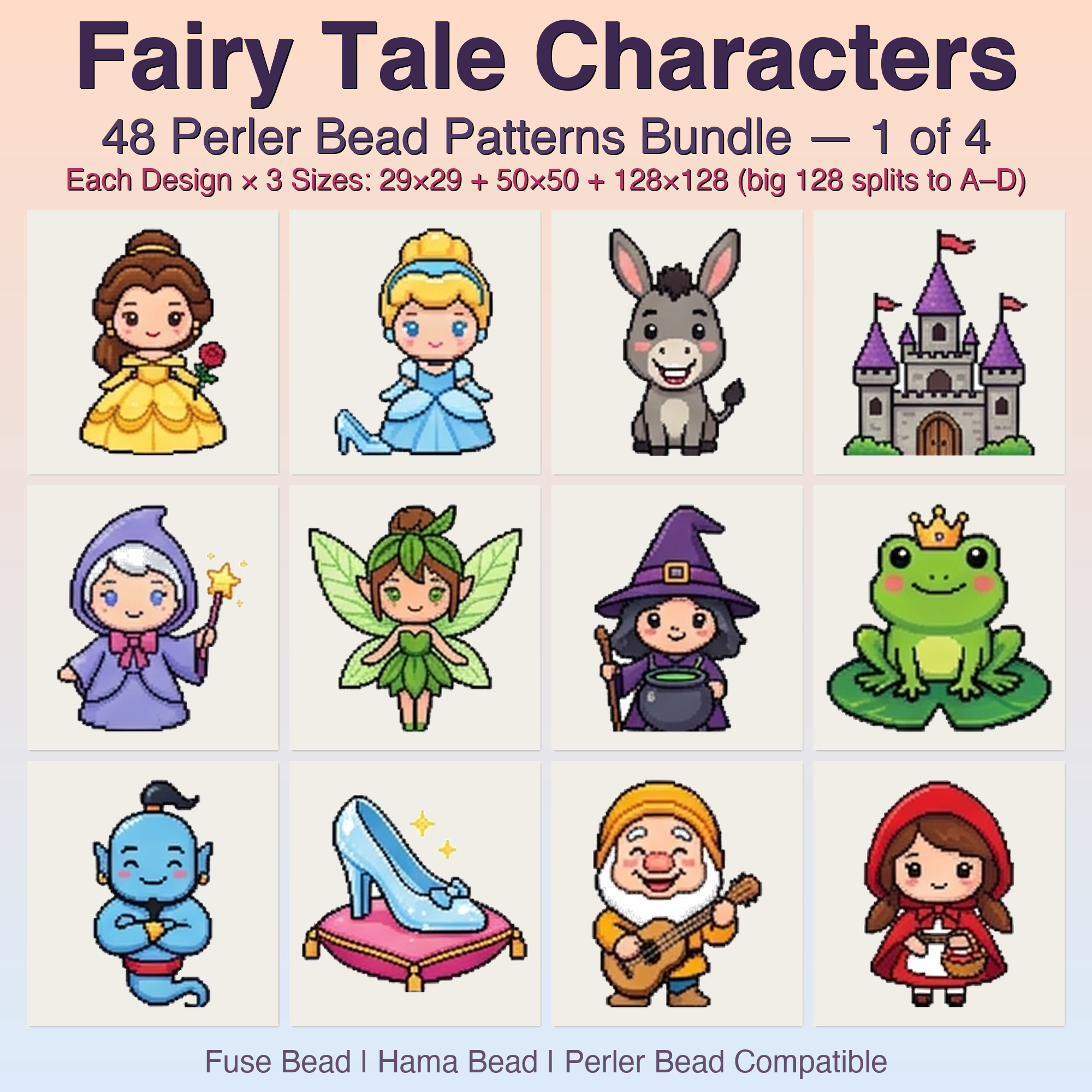 Fairy Tale Characters Perler Bead Patterns, 48 Designs x 3 Grid Sizes (29x29 + 50x50 + 128x128), Fuse Bead PDF Digital Download