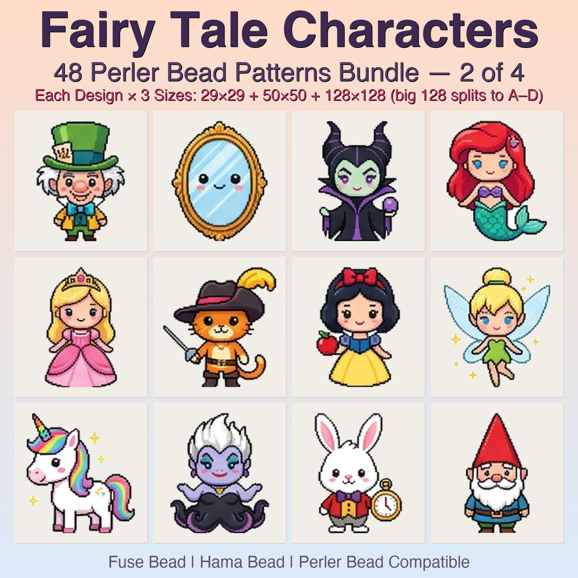 Fairy Tale Characters Perler Bead Patterns, 48 Designs x 3 Grid Sizes (29x29 + 50x50 + 128x128), Fuse Bead PDF Digital Download