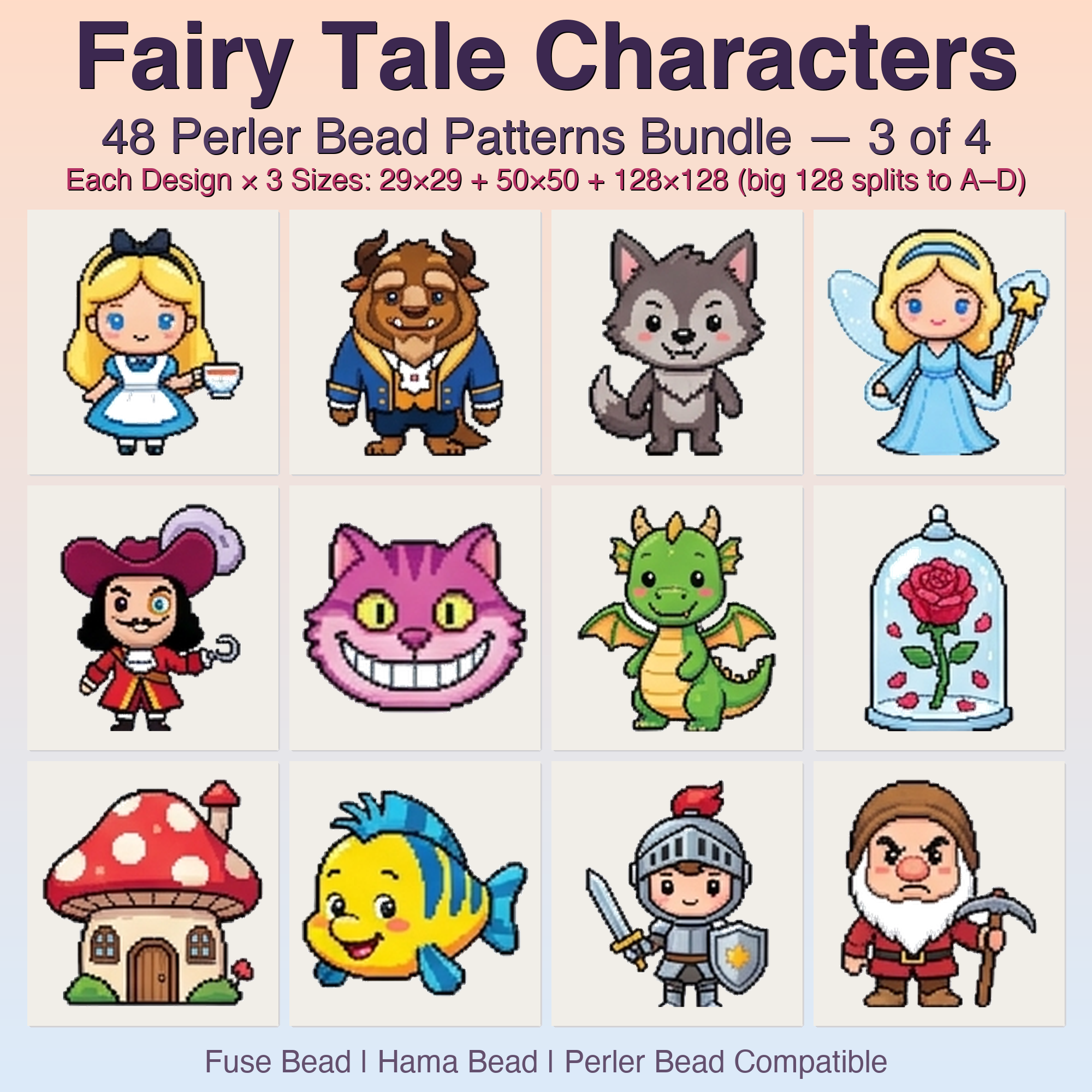 Fairy Tale Characters Perler Bead Patterns, 48 Designs x 3 Grid Sizes (29x29 + 50x50 + 128x128), Fuse Bead PDF Digital Download