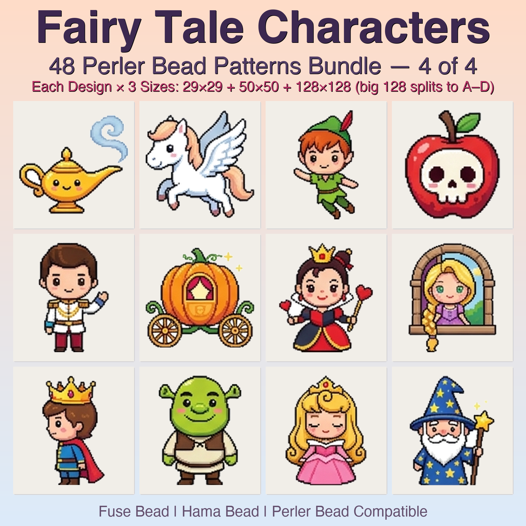 Fairy Tale Characters Perler Bead Patterns, 48 Designs x 3 Grid Sizes (29x29 + 50x50 + 128x128), Fuse Bead PDF Digital Download