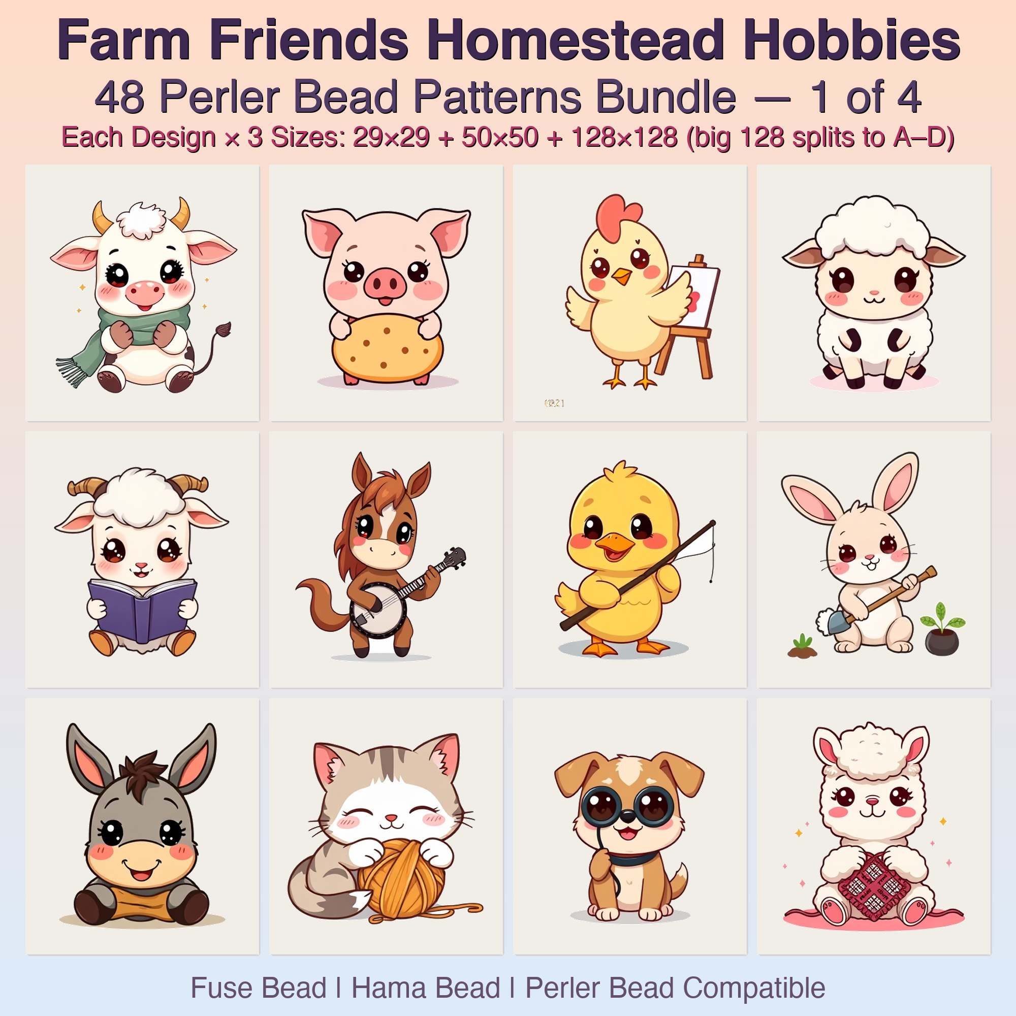 Farm Friends Homestead Hobbies Perler Bead Patterns, 48 Designs x 3 Grid Sizes (29x29 + 50x50 + 128x128), Fuse Bead PDF Digital Download