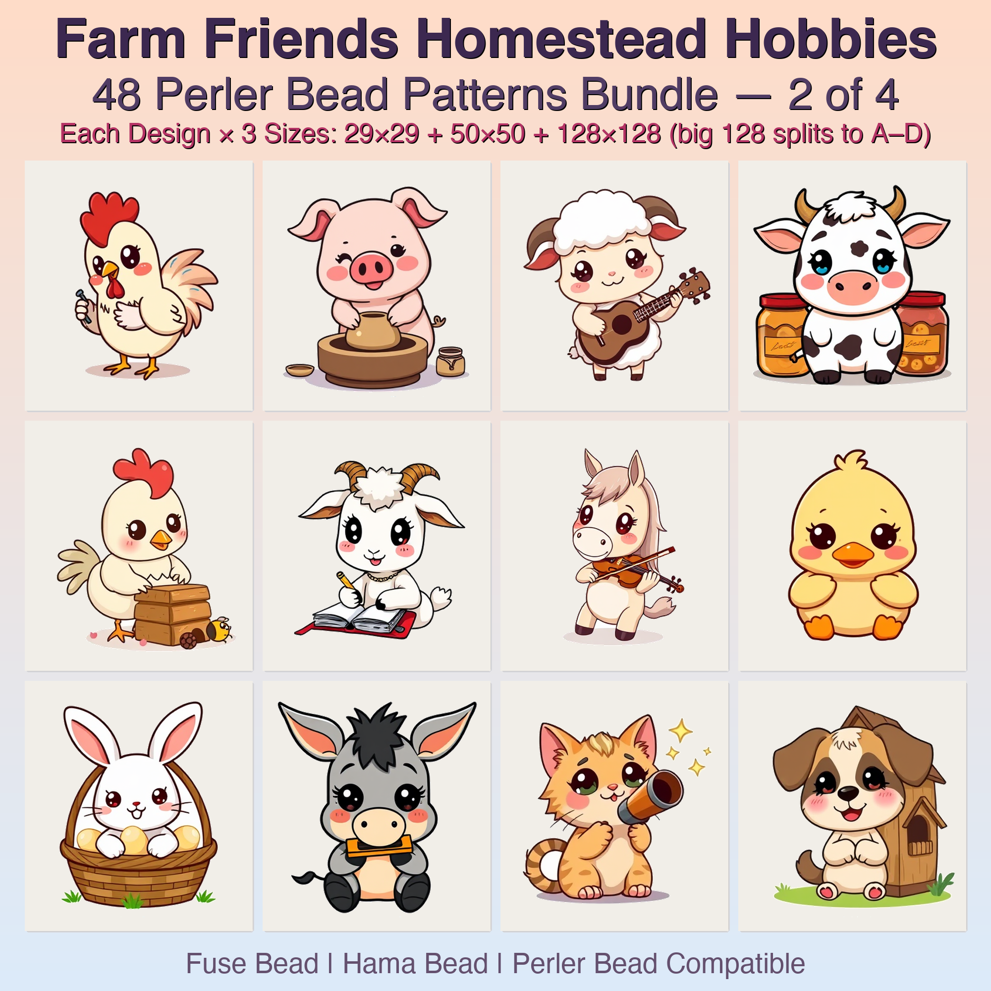Farm Friends Homestead Hobbies Perler Bead Patterns, 48 Designs x 3 Grid Sizes (29x29 + 50x50 + 128x128), Fuse Bead PDF Digital Download