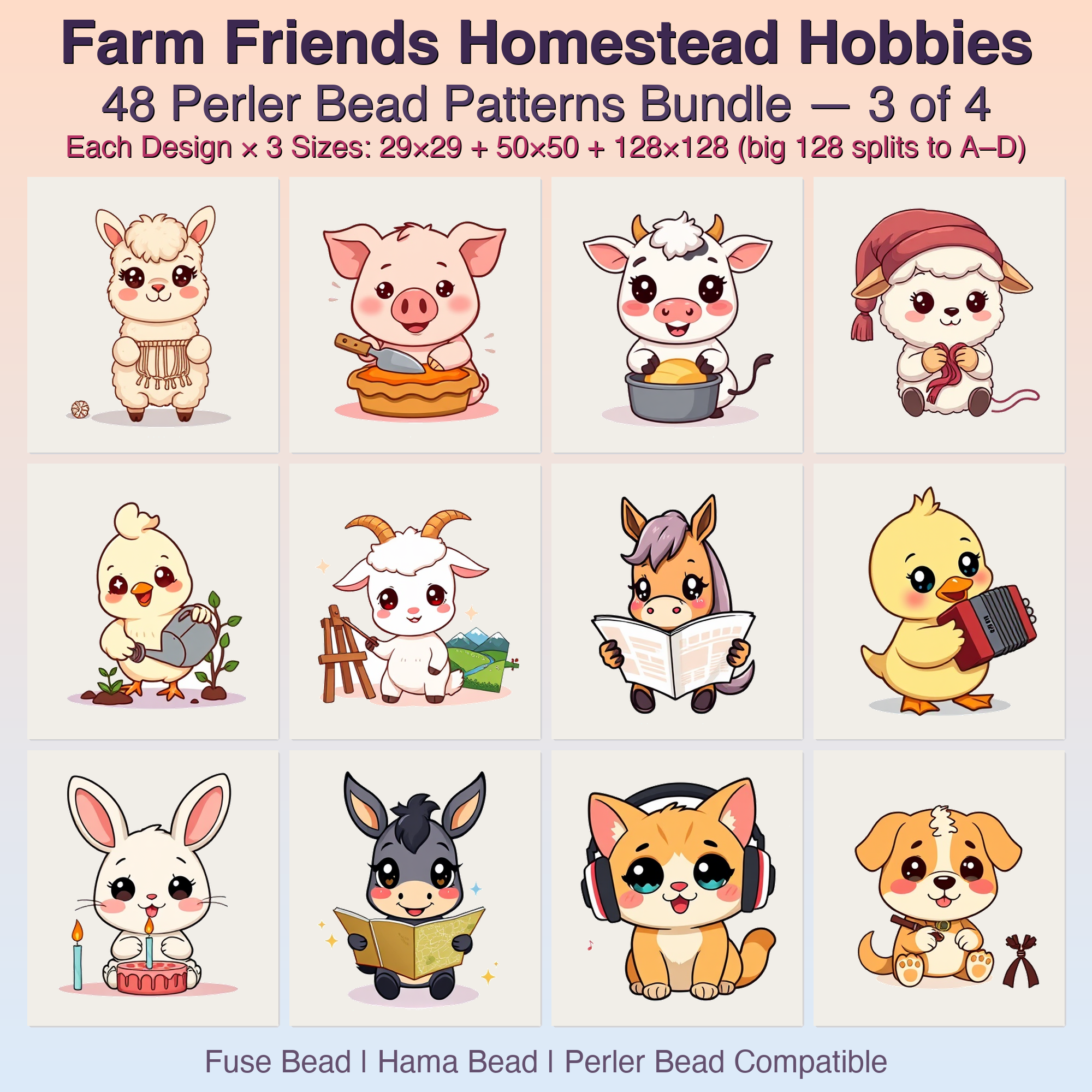 Farm Friends Homestead Hobbies Perler Bead Patterns, 48 Designs x 3 Grid Sizes (29x29 + 50x50 + 128x128), Fuse Bead PDF Digital Download