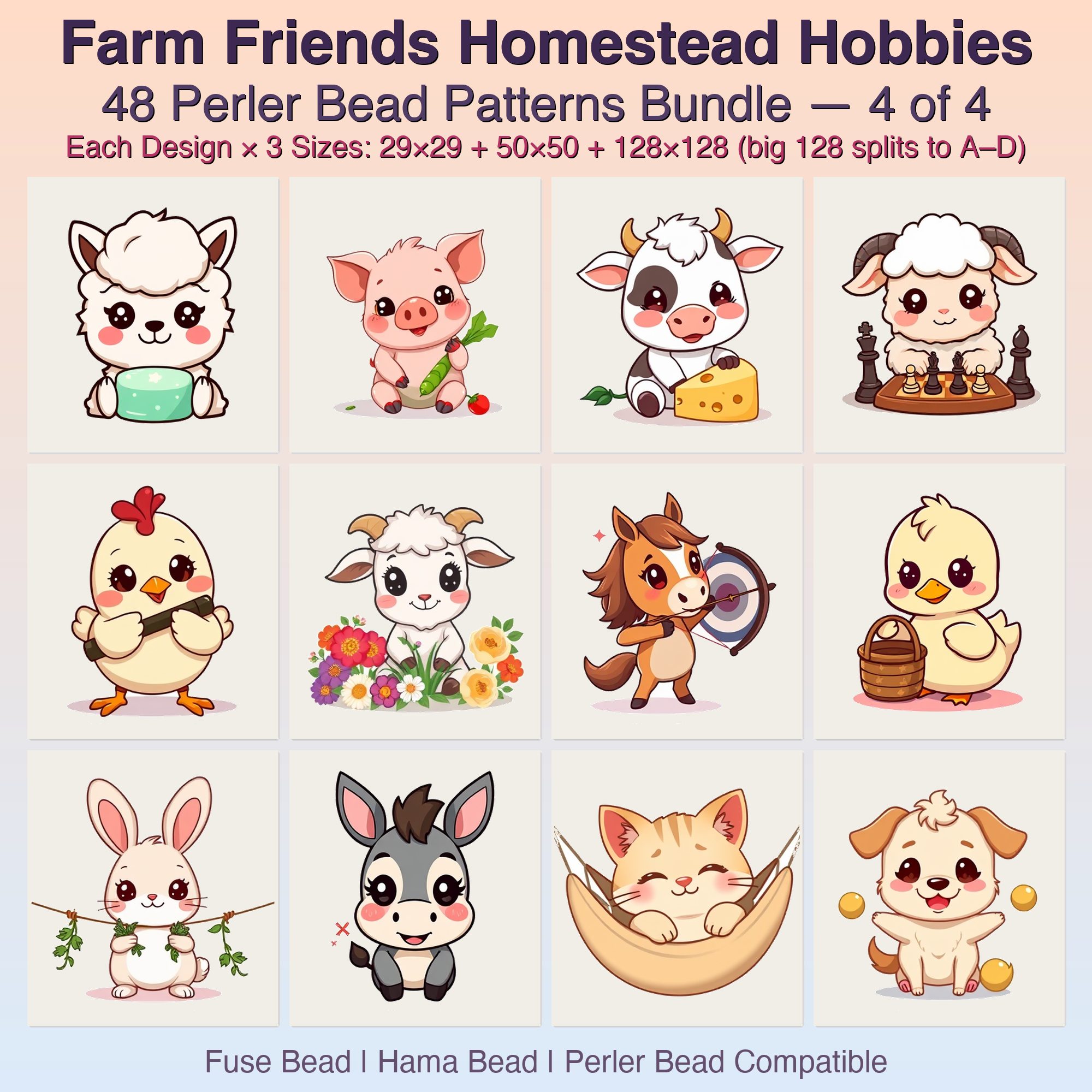 Farm Friends Homestead Hobbies Perler Bead Patterns, 48 Designs x 3 Grid Sizes (29x29 + 50x50 + 128x128), Fuse Bead PDF Digital Download