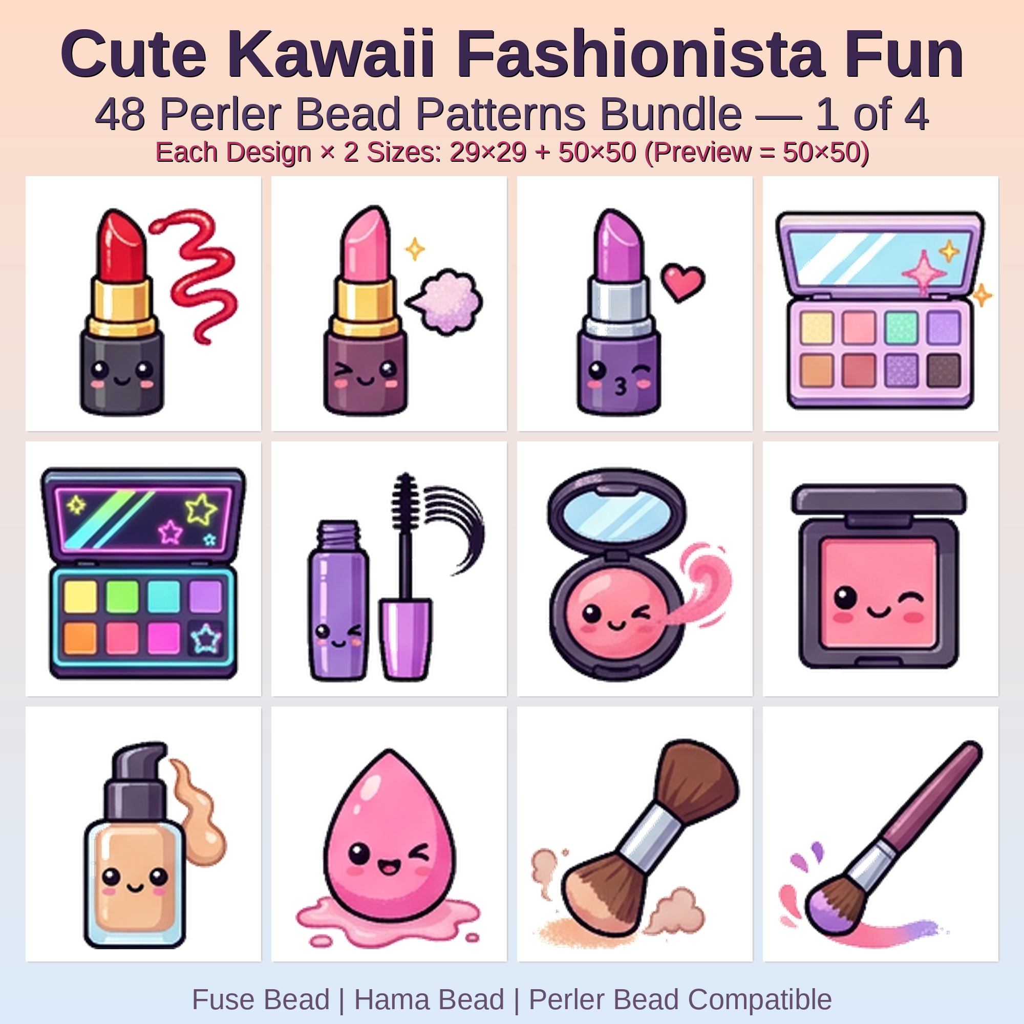 Cute Kawaii Fashionista Fun Perler Bead Patterns Bundle, 48 Designs (PDF Digital Download)