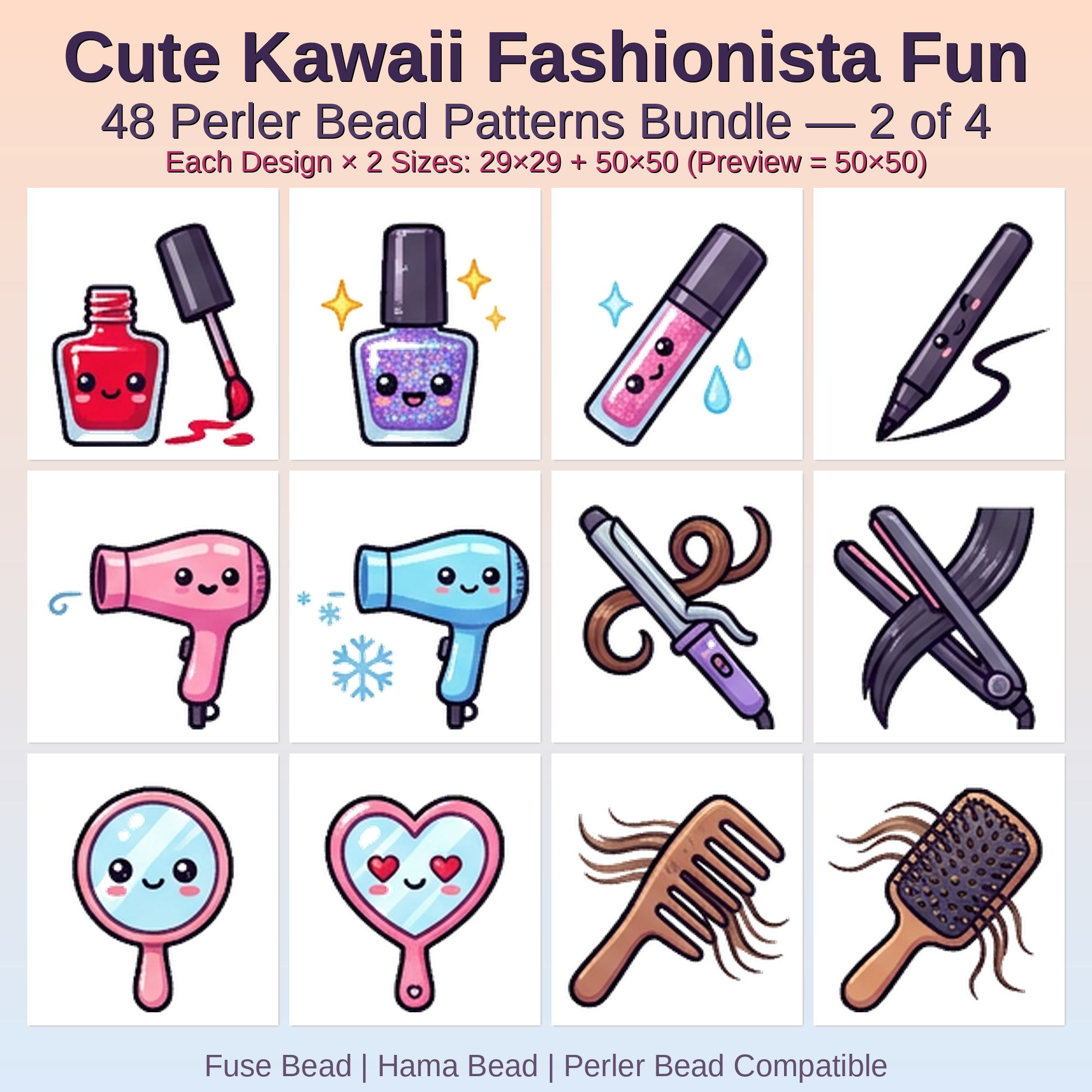 Cute Kawaii Fashionista Fun Perler Bead Patterns Bundle, 48 Designs (PDF Digital Download)