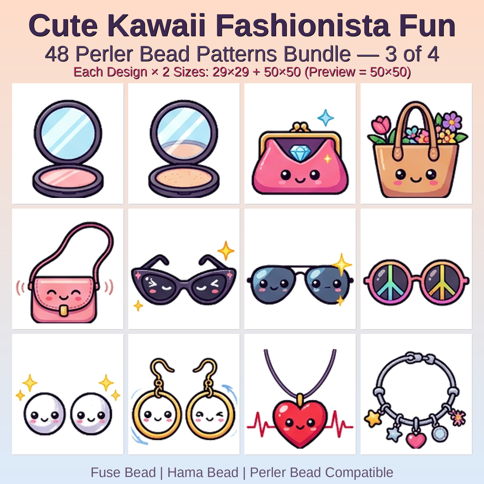 Cute Kawaii Fashionista Fun Perler Bead Patterns Bundle, 48 Designs (PDF Digital Download)