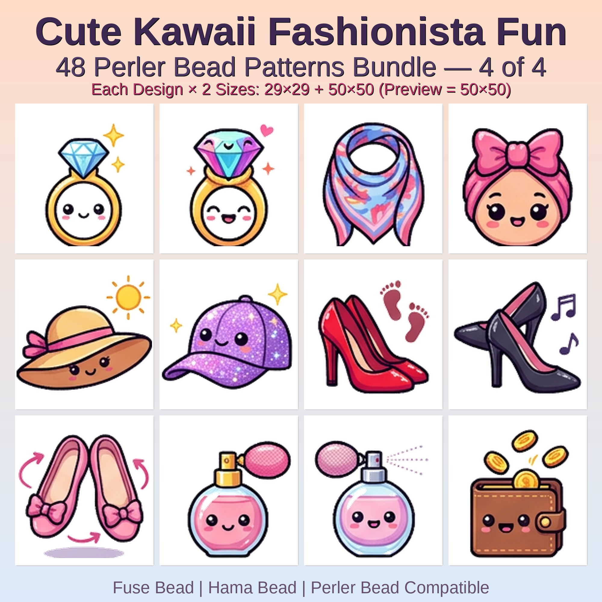 Cute Kawaii Fashionista Fun Perler Bead Patterns Bundle, 48 Designs (PDF Digital Download)