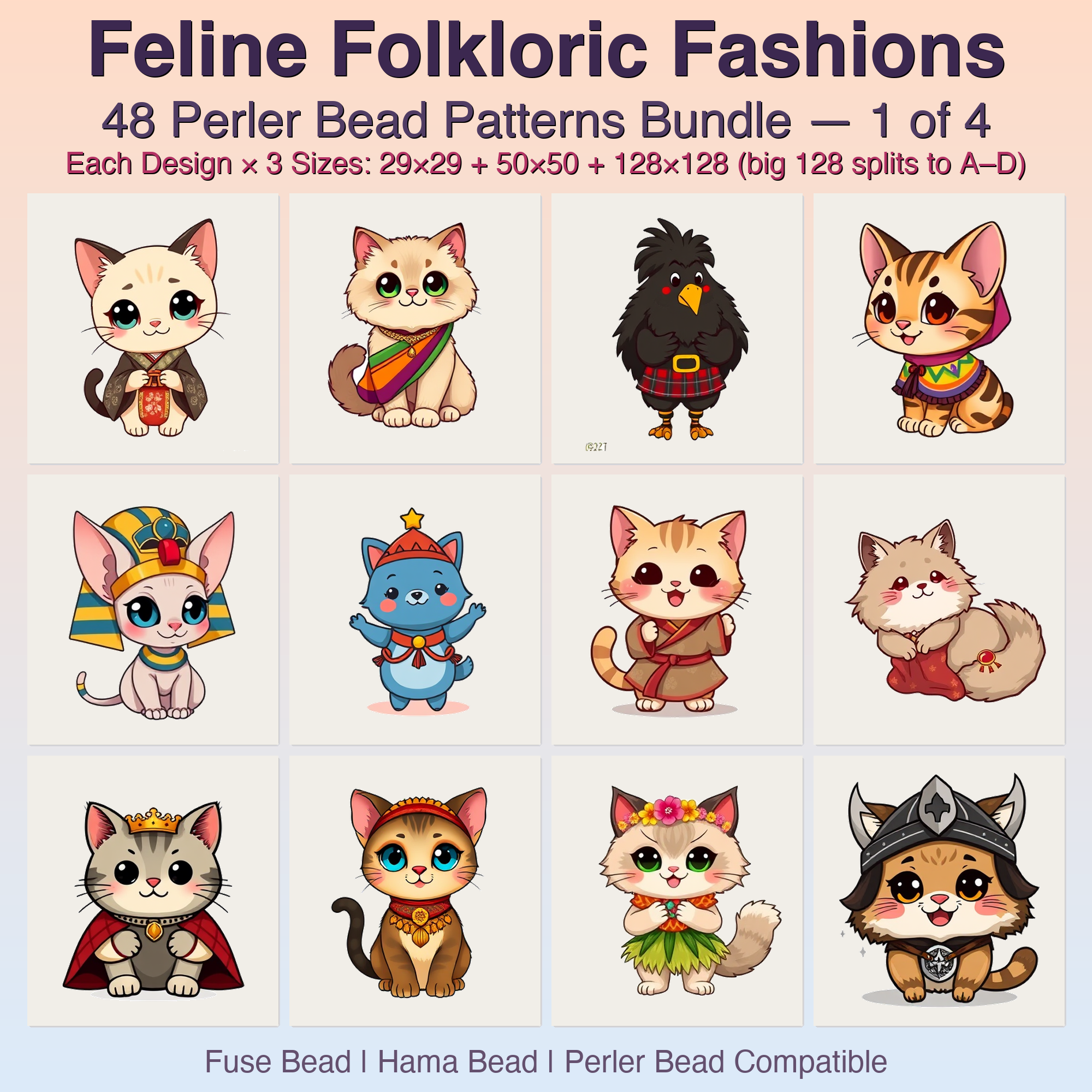 Feline Folkloric Fashions Perler Bead Patterns, 48 Designs x 3 Grid Sizes (29x29 + 50x50 + 128x128), Fuse Bead PDF Digital Download
