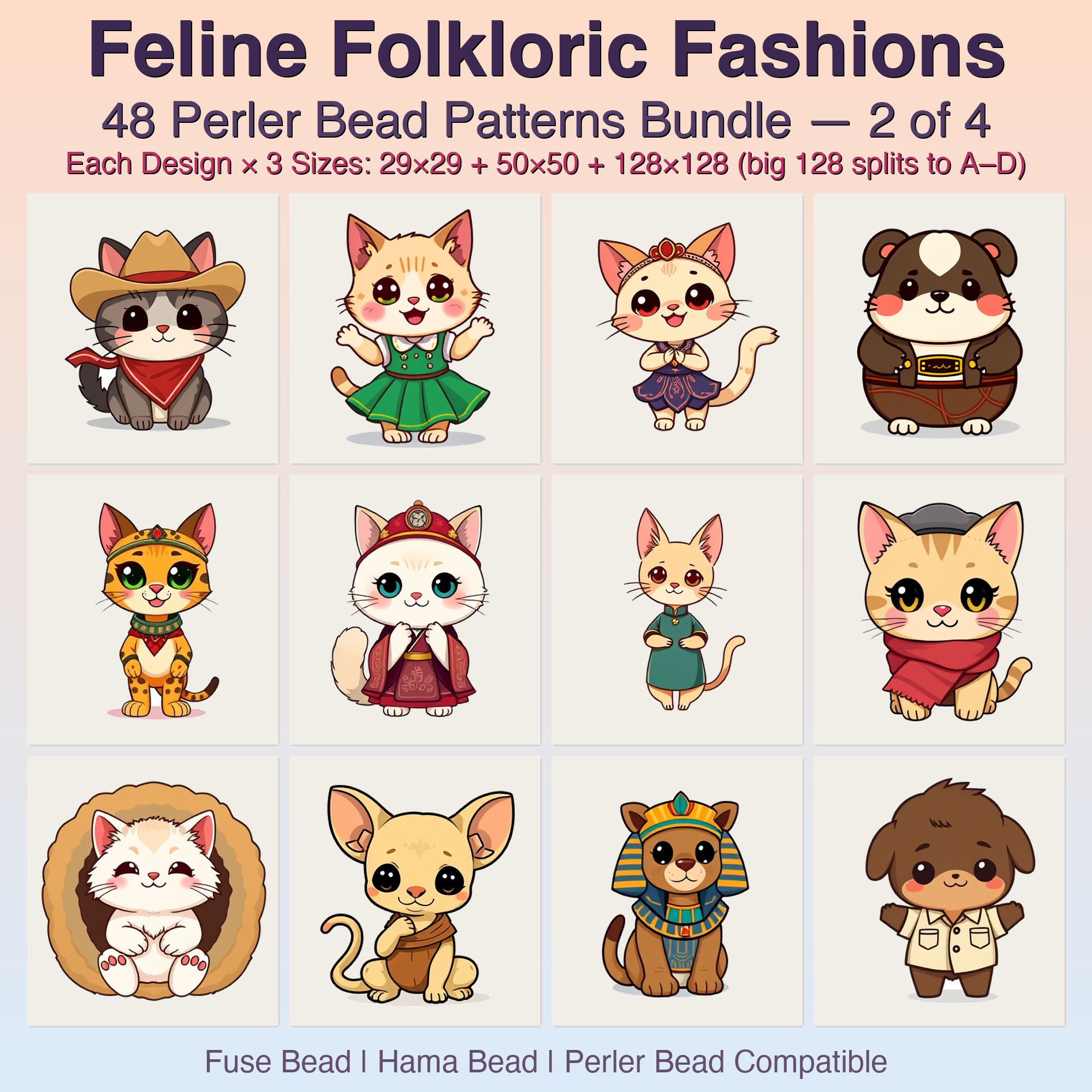 Feline Folkloric Fashions Perler Bead Patterns, 48 Designs x 3 Grid Sizes (29x29 + 50x50 + 128x128), Fuse Bead PDF Digital Download