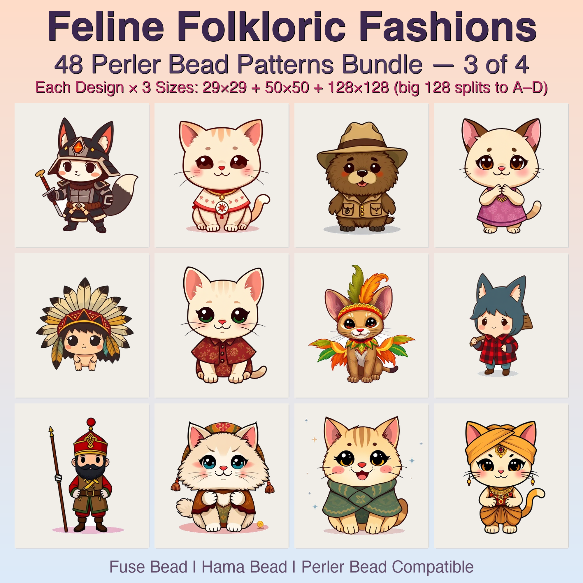 Feline Folkloric Fashions Perler Bead Patterns, 48 Designs x 3 Grid Sizes (29x29 + 50x50 + 128x128), Fuse Bead PDF Digital Download
