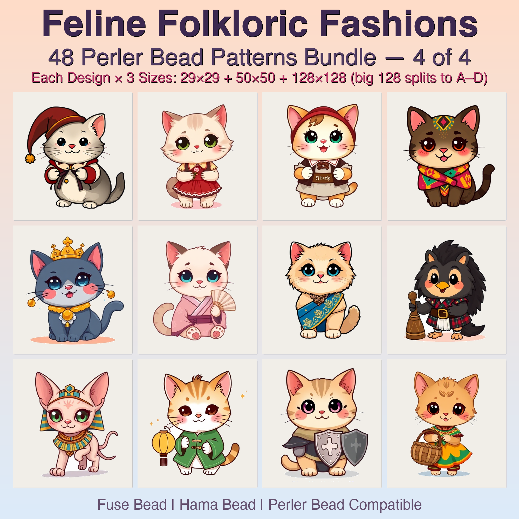 Feline Folkloric Fashions Perler Bead Patterns, 48 Designs x 3 Grid Sizes (29x29 + 50x50 + 128x128), Fuse Bead PDF Digital Download