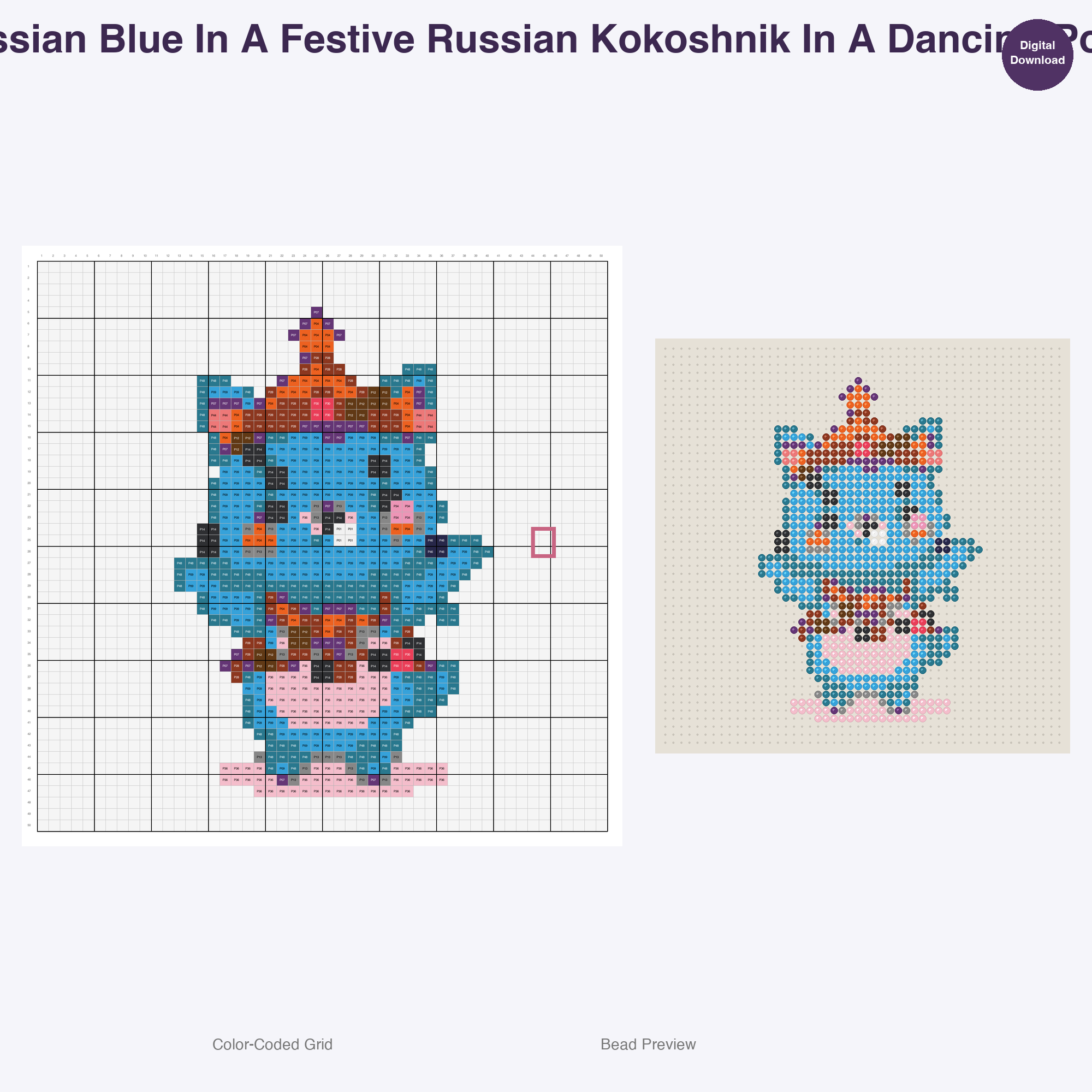Feline Folkloric Fashions Perler Bead Patterns, 48 Designs x 3 Grid Sizes (29x29 + 50x50 + 128x128), Fuse Bead PDF Digital Download